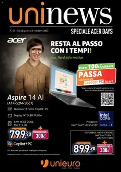 Anteprima del volantino Unieuro Acer catalogo valido a partire dal 22.08.2025