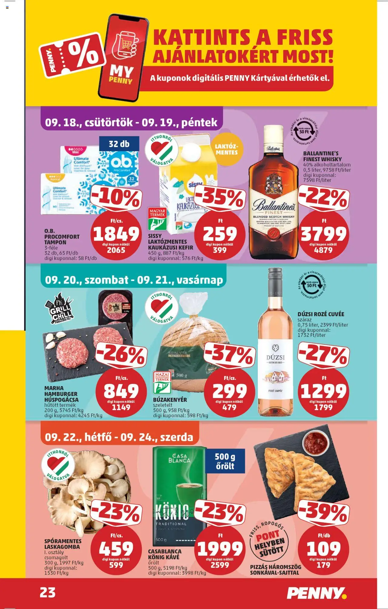 PENNY akciós ujság - amely érvényes a következő dátumtól: 18.09.2025 | Oldal: 27 | Termékek: Hamburger, Kefir, Kávé, Kaukázusi kefír