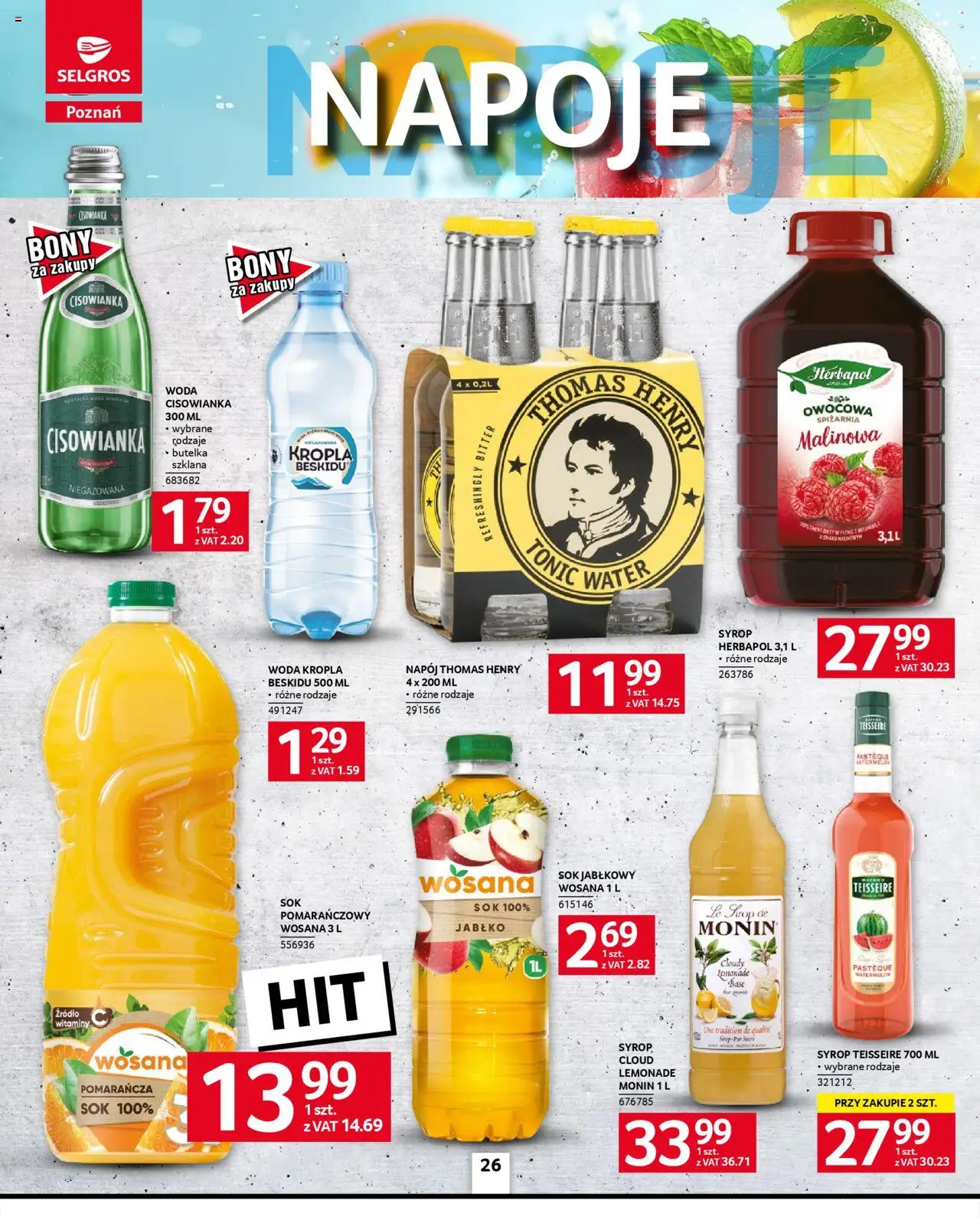 Selgros cash&carry Gazetka - Poznań oferta dla gastronomii od 09.10.2025 | Strona: 26 | Produkty: Sok jabłkowy, Napoje, Sok, Woda