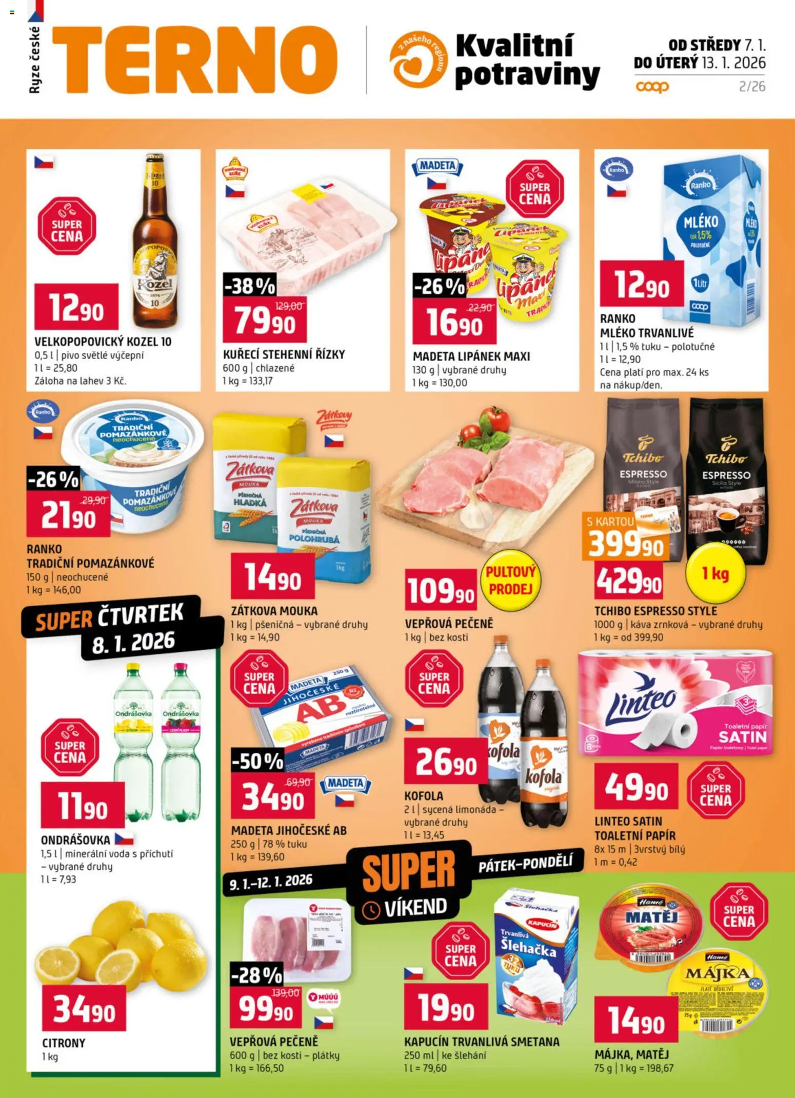 Terno leták - Zlín od 07.01.2026 | Strana: 1 | Produkty: Kuřecí stehenní řízky, Mléko, Pivo, Láhev