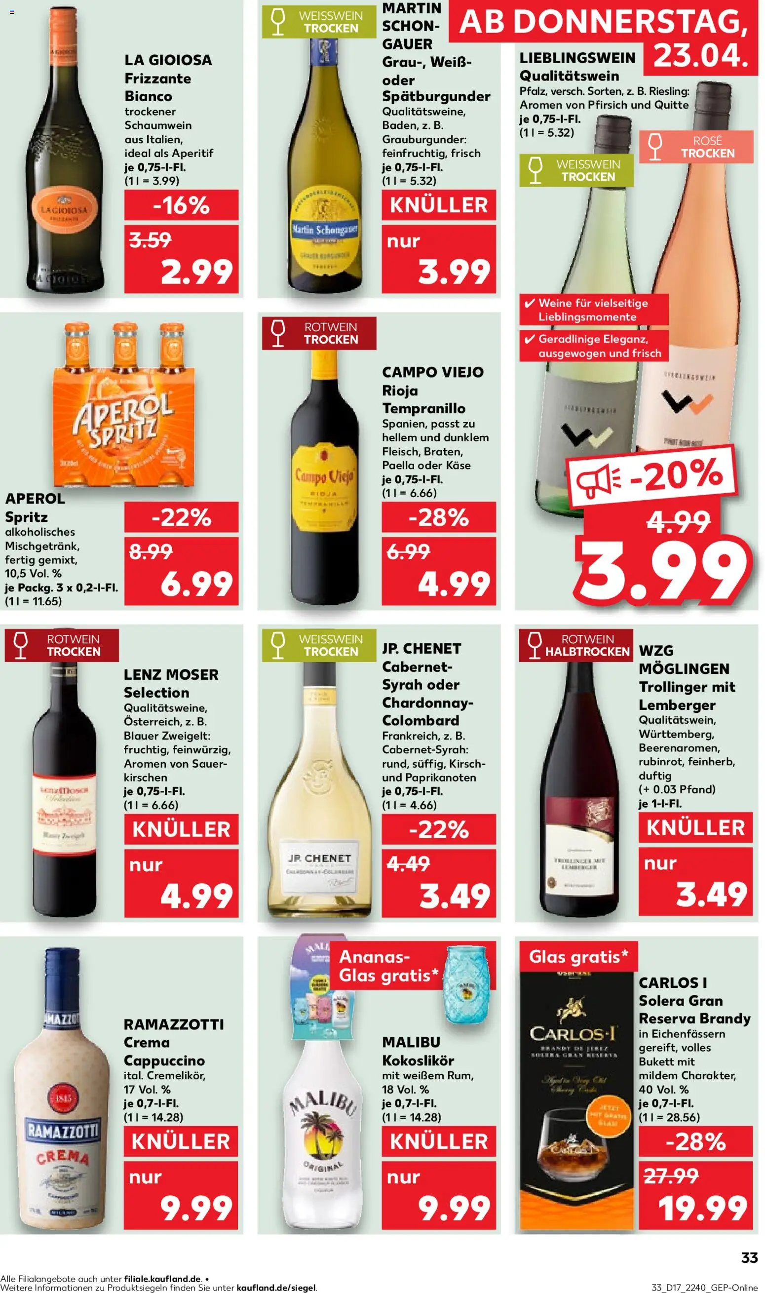 Kaufland Prospekt Stuttgart	 – gültig ab 23.04.2026 | Seite: 33 | Produkte: Weißwein trocken, Kirschen, Pfirsich, Ramazzotti