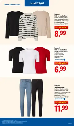 LIDL - Prévisualisation de Esmara® Pull en maille fine, Du S au XL selon modèle. Ex. 42 % viscose (LENZING™ ECOVERO™), 41% acrylique et 17 % polyamide. L'unité au choix. n°481127 valide à partir de 19.02.2026 | Page: 65 | Produits: Jeans, Coton, Pull