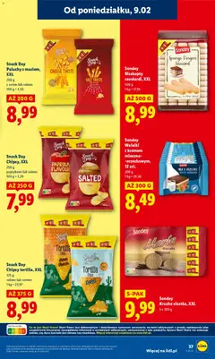 Pogląd oferty "Snack Day Chipsy tortilla, XXL, Chipsy tortilla solone lub serowe" - ważna od 09.02.2026 | Strona: 37 | Produkty: Sandwich, Wafelki, Chipsy paprykowe, Ciastka