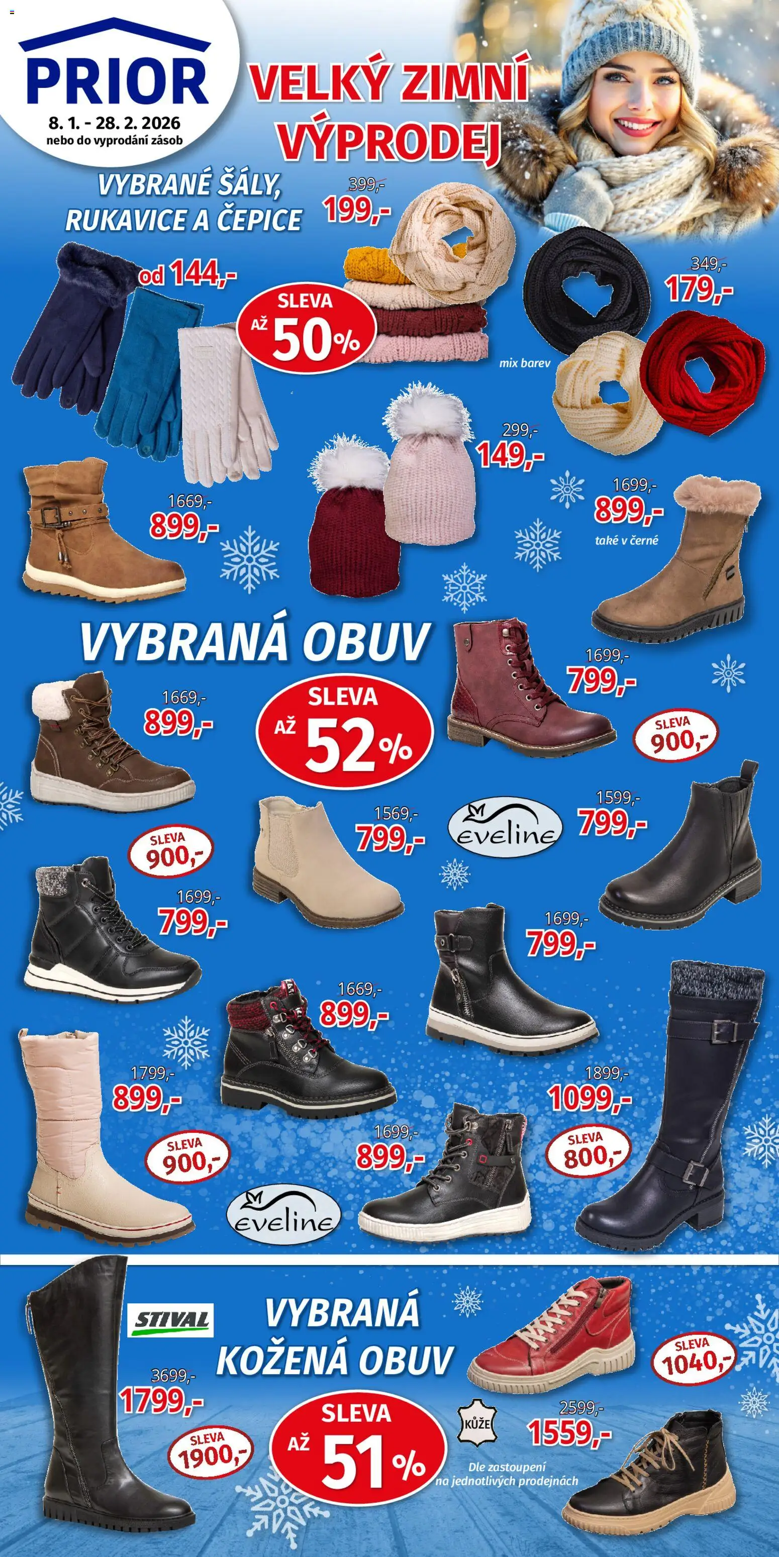 Prior - Akční Nabídka Obuvi od 08.01.2026 | Strana: 1 | Produkty: Čepice, Rukavice, Obuv