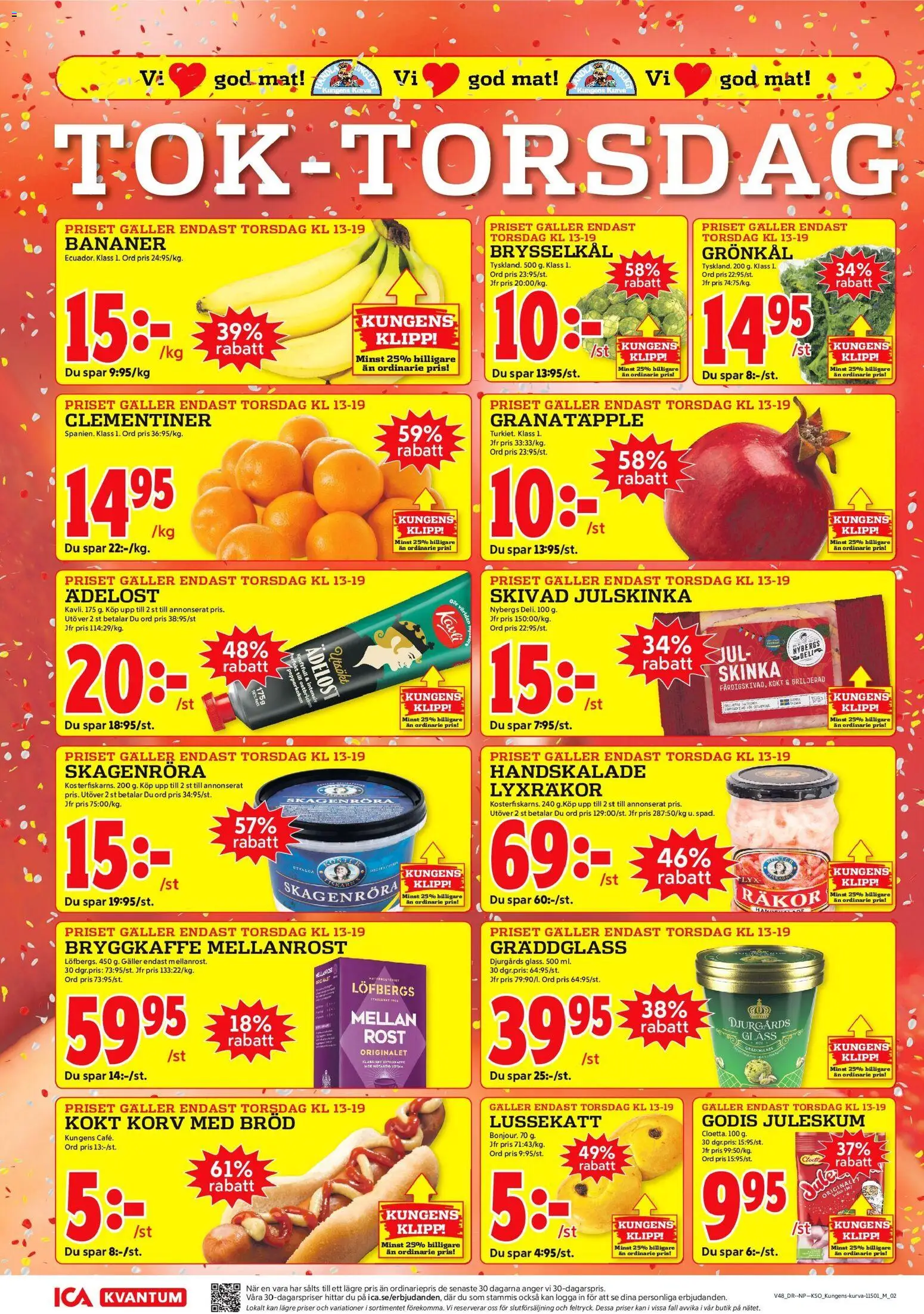 ICA Kvantum reklamblad aktuell från 24.11.2025 | Sida: 6 | Produkter: Räkor, Bröd, Godis, Glass