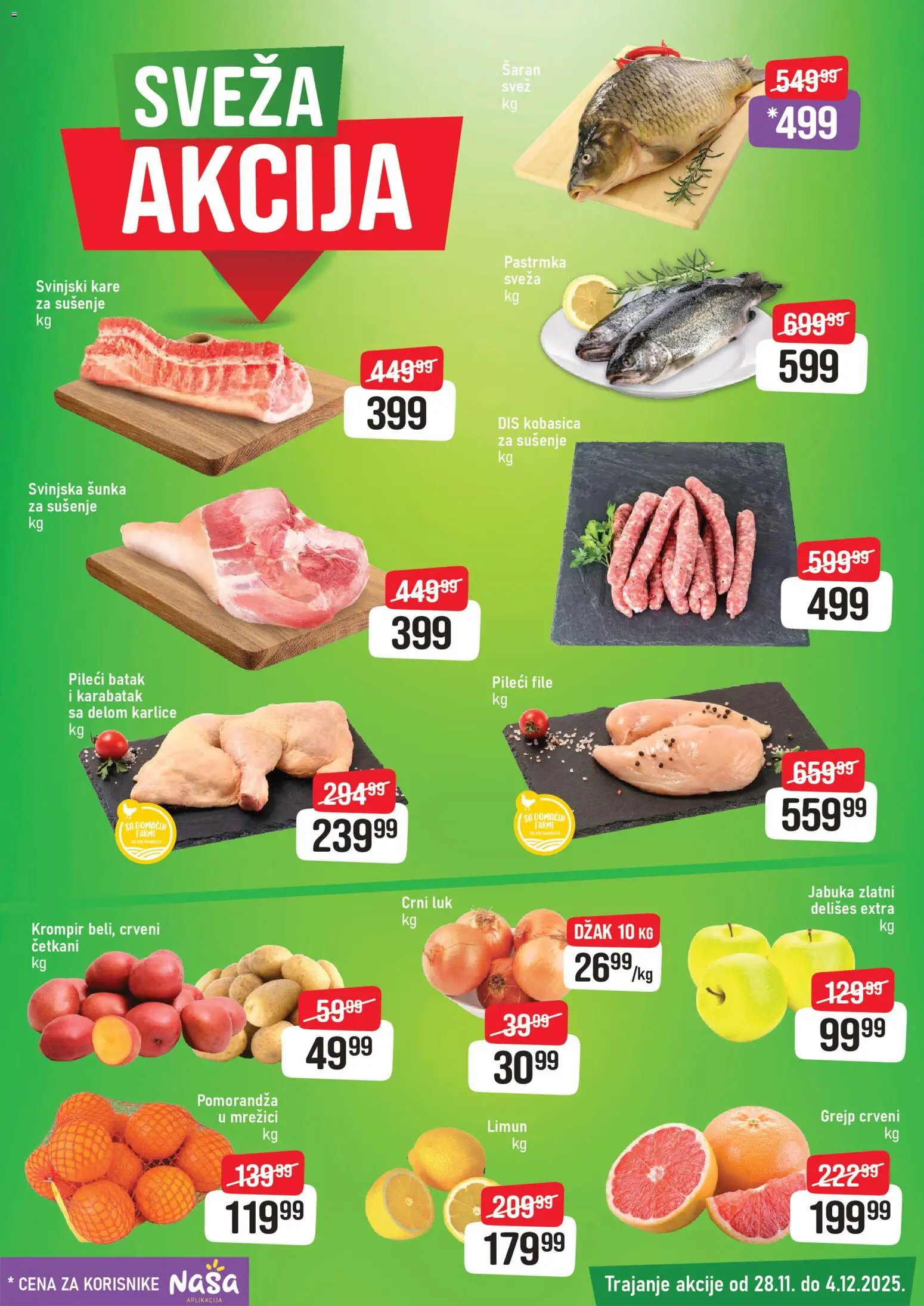 DIS katalog - važi od 28.11.2025 | Strana: 3 | Proizvode: Pastrmka, Svinjski kare, Pileći file, Pileći batak