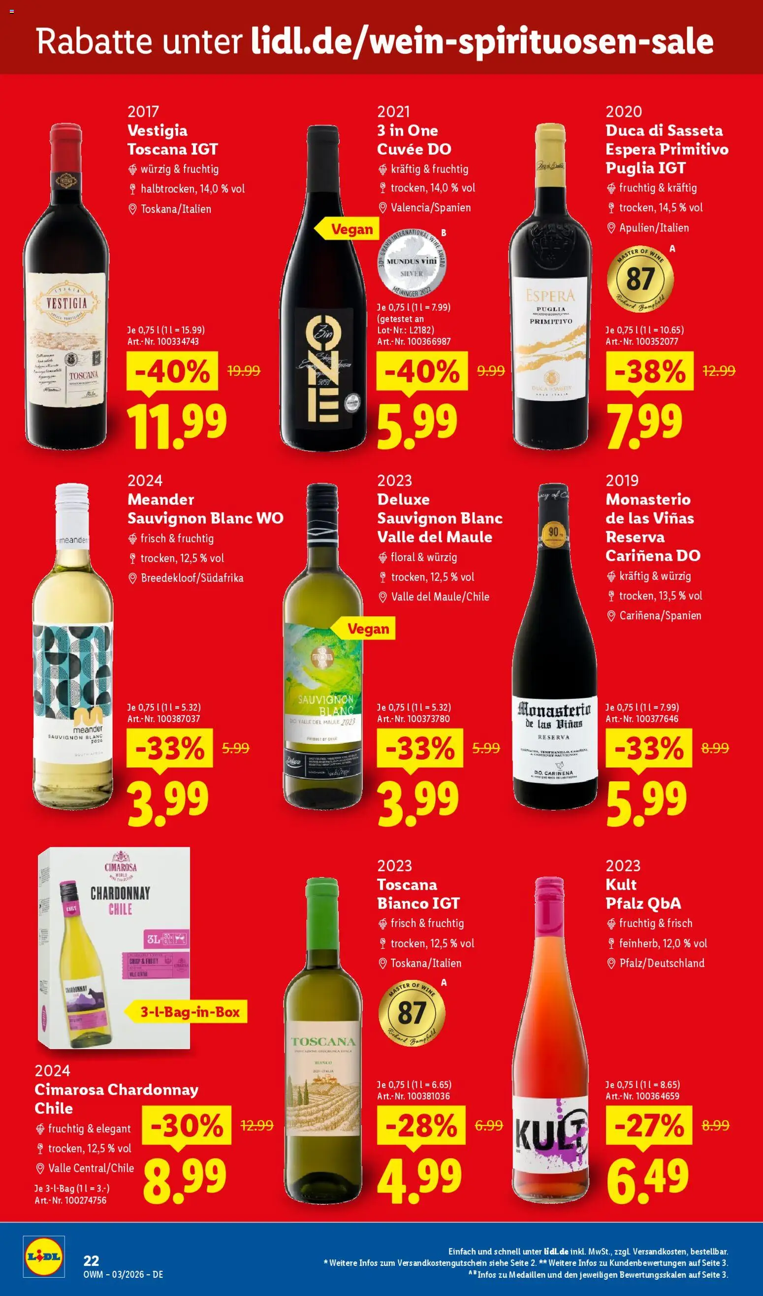 Lidl Německo leták - März od 01.03.2026 | Strana: 22 | Produkty: Vegan, Primitivo, Deluxe, Cabernet Sauvignon