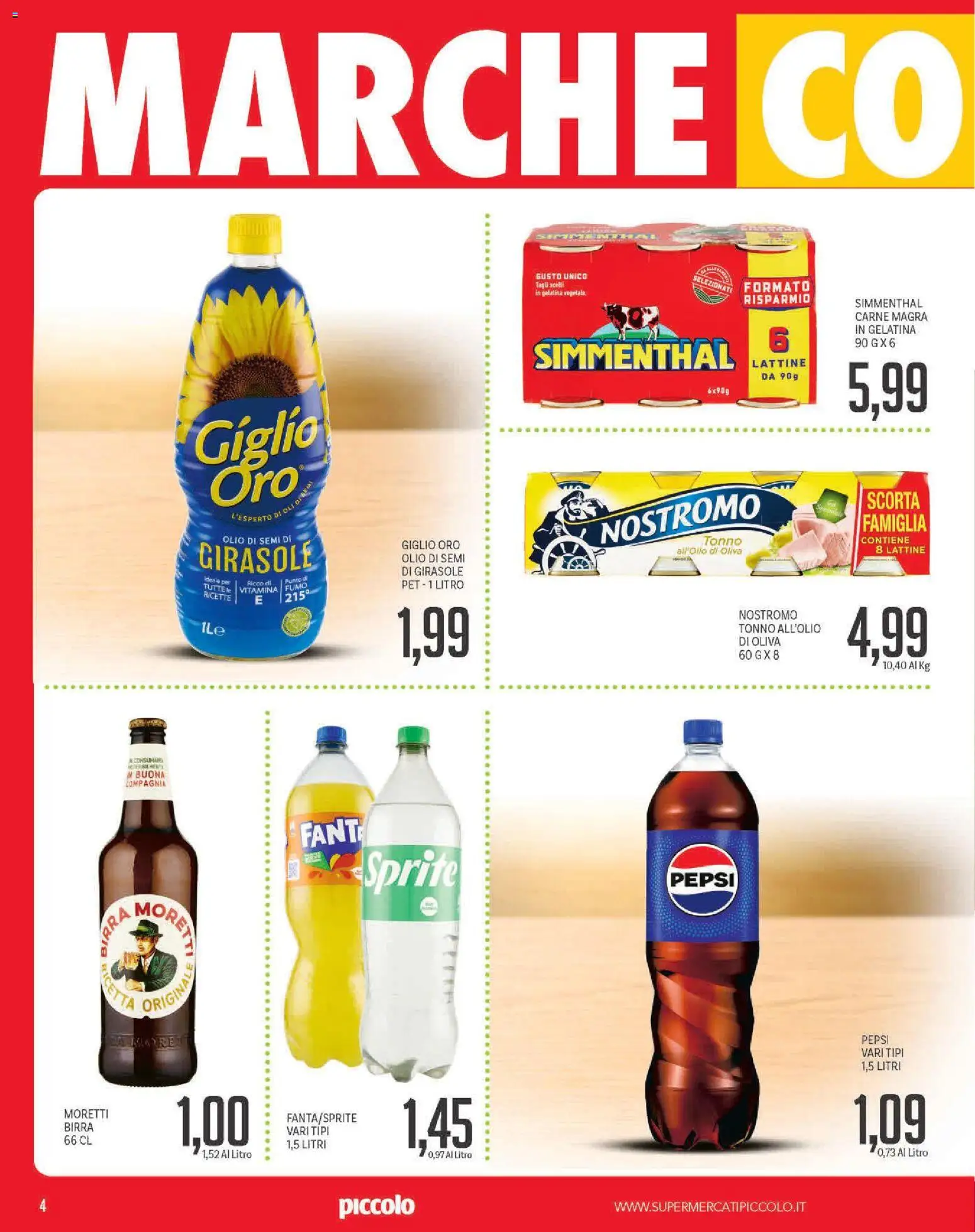 Volantino Piccolo del 20.04.2026 | Pagina: 4 | Prodotti: Birra, Olio, Pepsi, Olio di semi di girasole