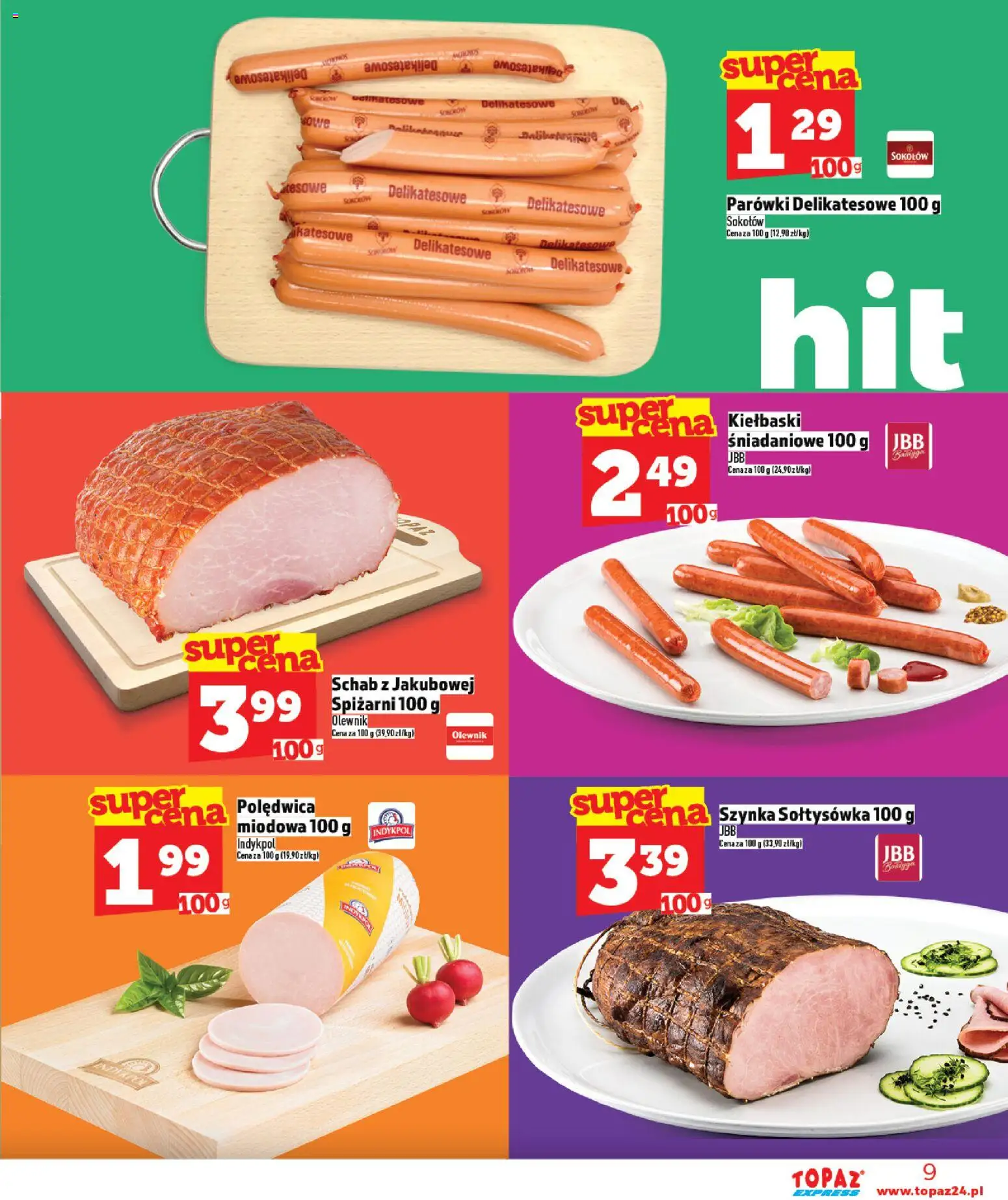Topaz Gazetka - Express od 26.02.2026 | Strona: 9 | Produkty: Schab, Parówki, Kiełbaski, Szynka
