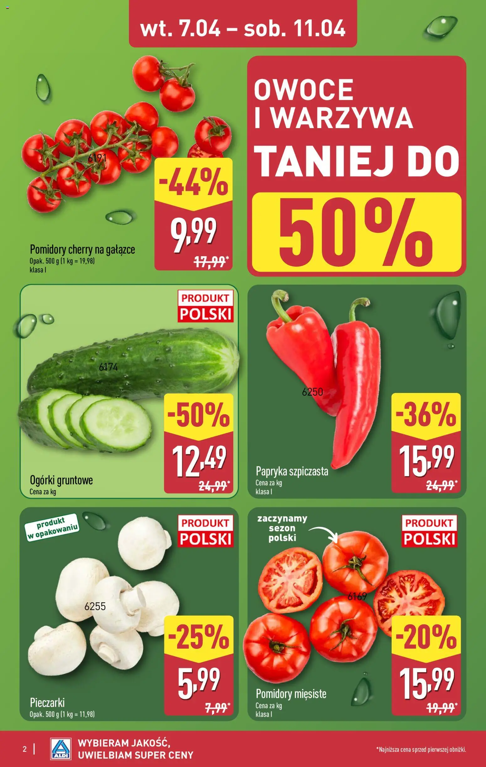 Aldi gazetka od 07.04.2026 | Strona: 2 | Produkty: Pieczarki, Papryka, Ogórki gruntowe, Warzywa