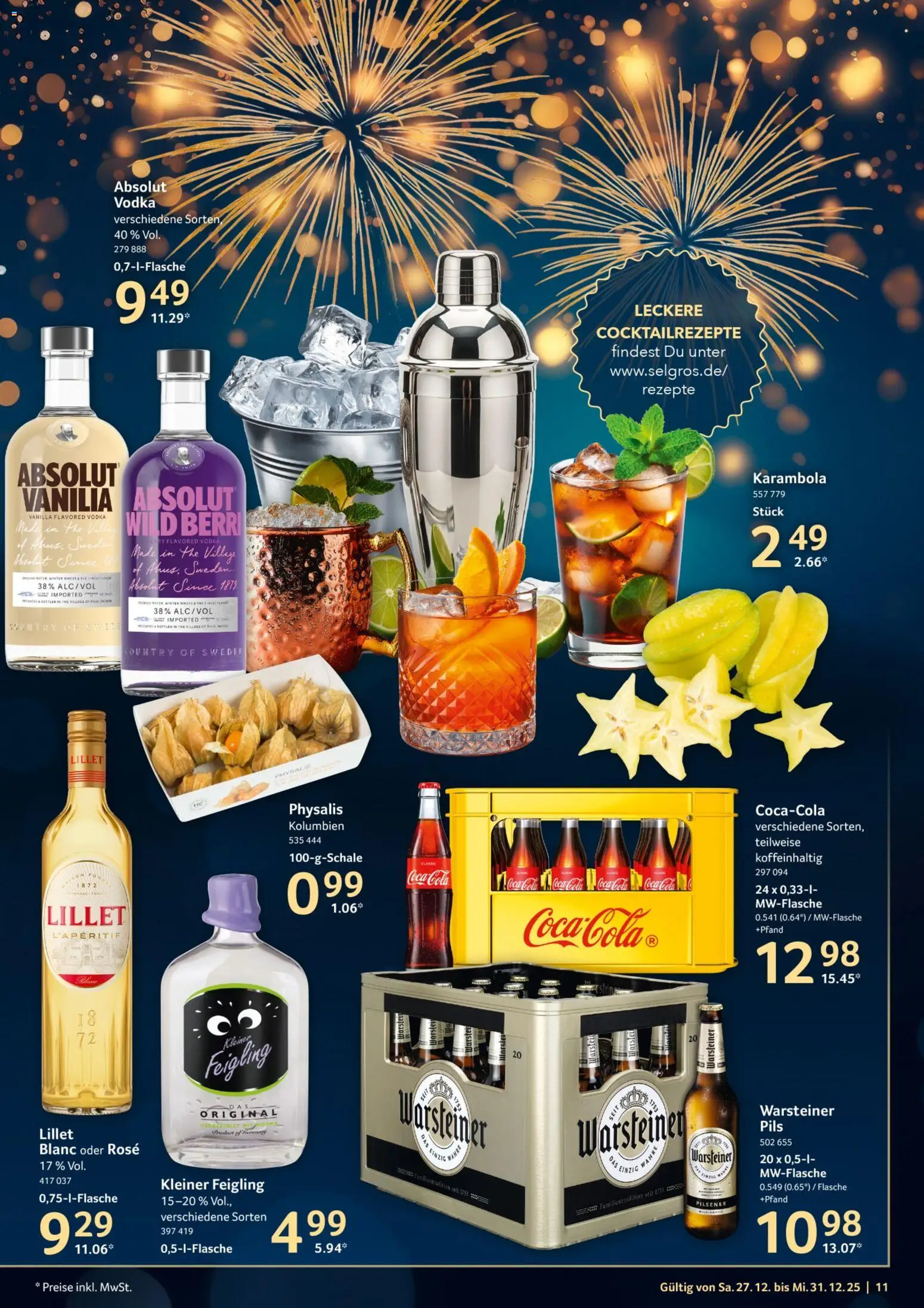 Selgros Prospekt 	 – gültig ab 27.12.2025 | Seite: 11 | Produkte: Coca cola, Kleiner feigling, Lillet, Warsteiner