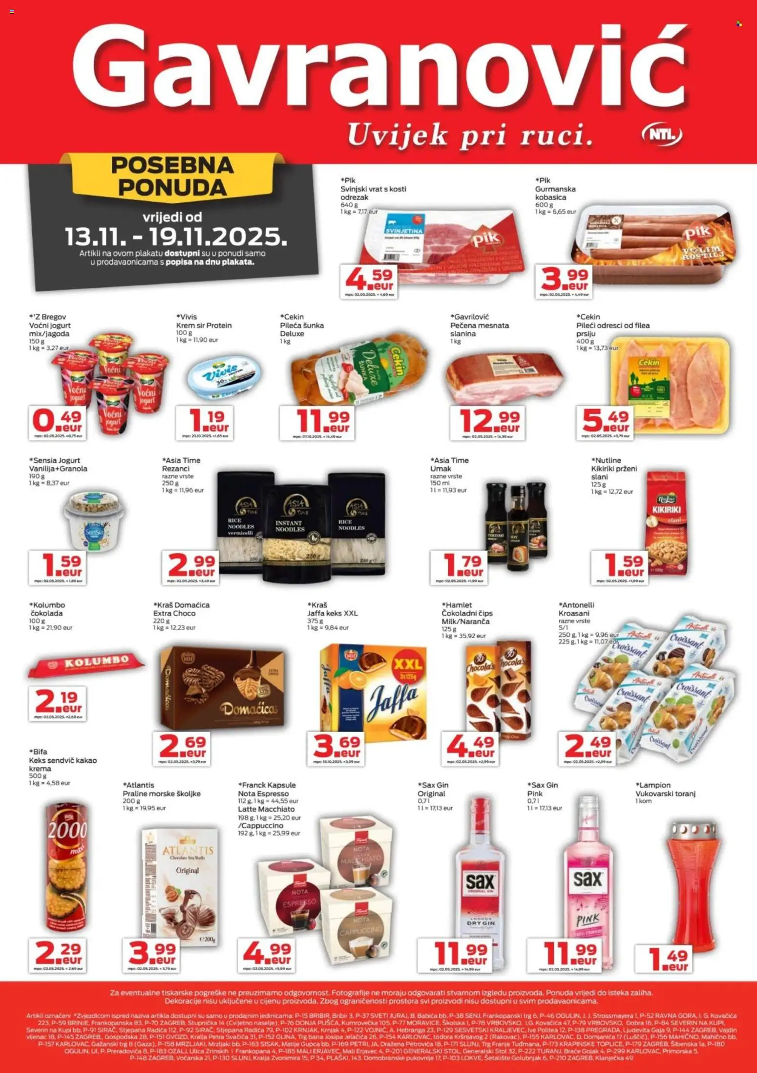 Gavranović katalog | vrijedi od 13.11.2025 | Stranica: 1 | Proizvodi: Voćni jogurt, Šunka, Čips, Umak