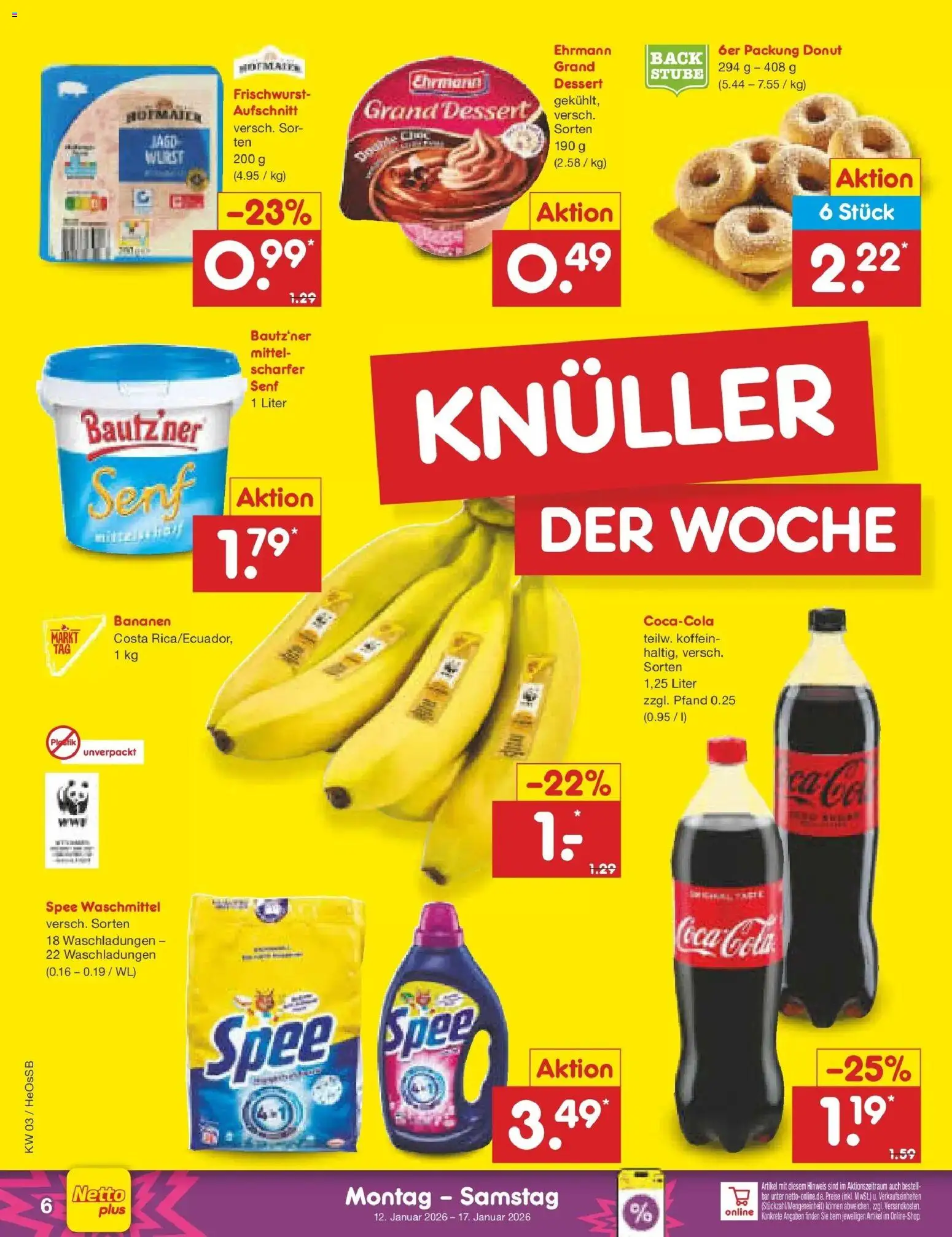 Netto Marken-Discount prospekt Kröpelin	 – gültig ab 12.01.2026 | Seite: 6 | Produkte: Coca cola, Bananen, Waschmittel, Wurst