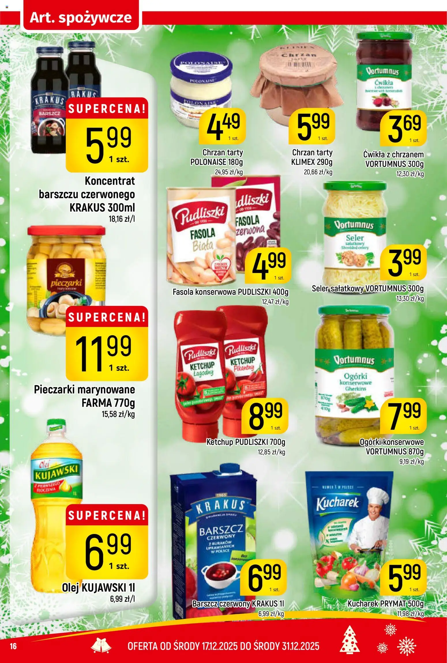 Piotruś Pan Gazetka od 17.12.2025 | Strona: 16 | Produkty: Barszcz czerwony krakus, Olej kujawski, Ogórki, Ogórki konserwowe