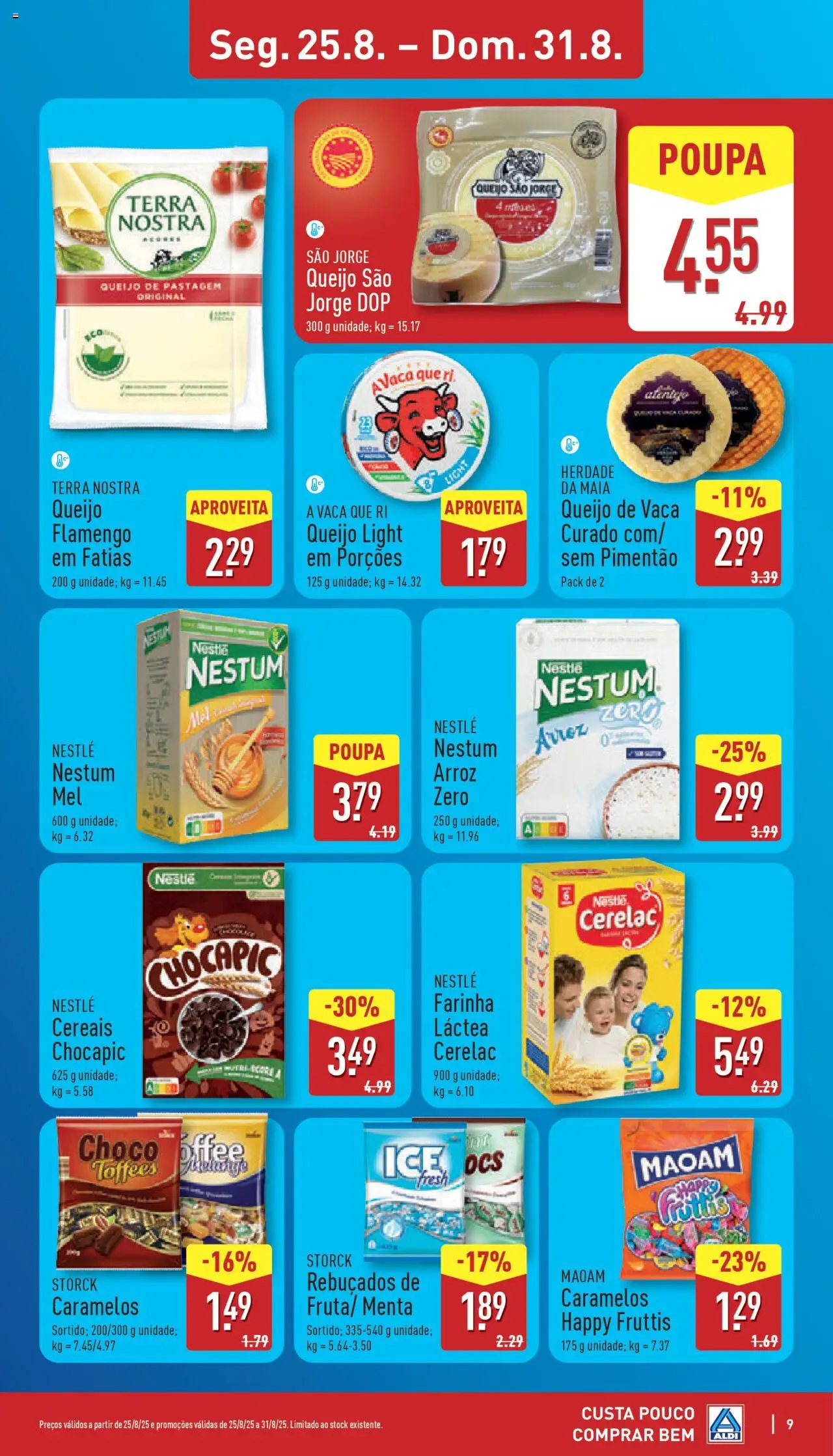 Aldi folheto │ válido de 25.08.2025 | Página: 9 | Produtos: Nestum arroz, Rebuçados, Queijo, Arroz