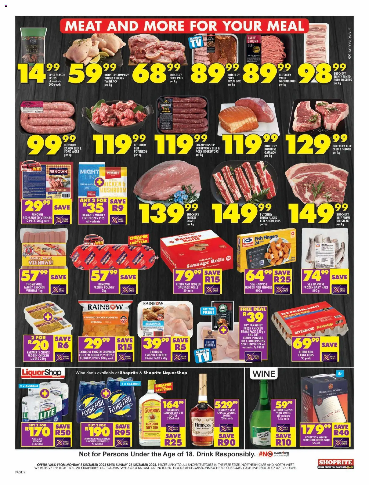 New Shoprite catalogue – valid from 08.12.2025 | Page: 2 | Products: Ribs, Fish, Beef, Gin