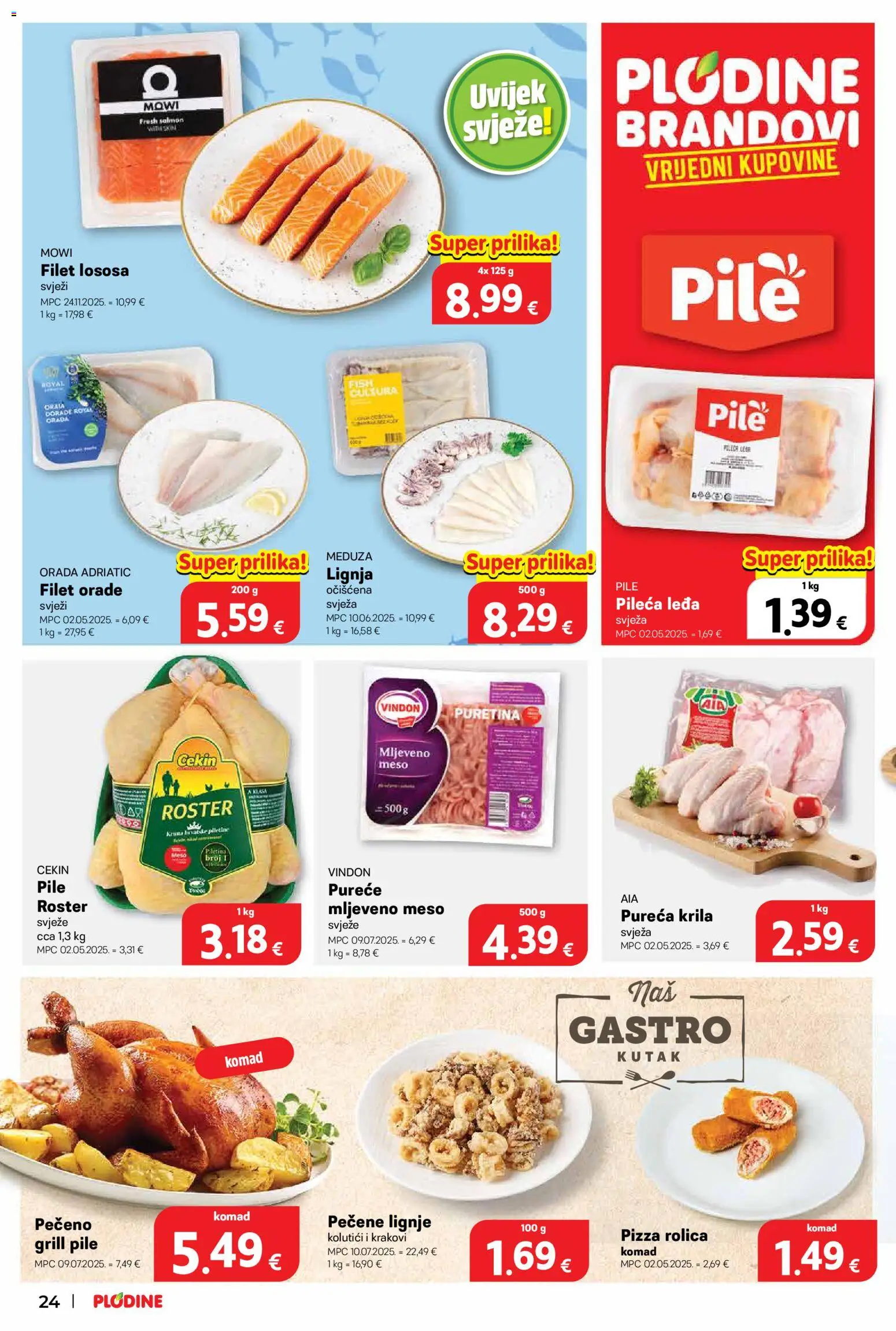 Plodine katalog | vrijedi od 22.04.2026 | Stranica: 24 | Proizvodi: Meso, Pizza, Mljeveno meso, Lignje