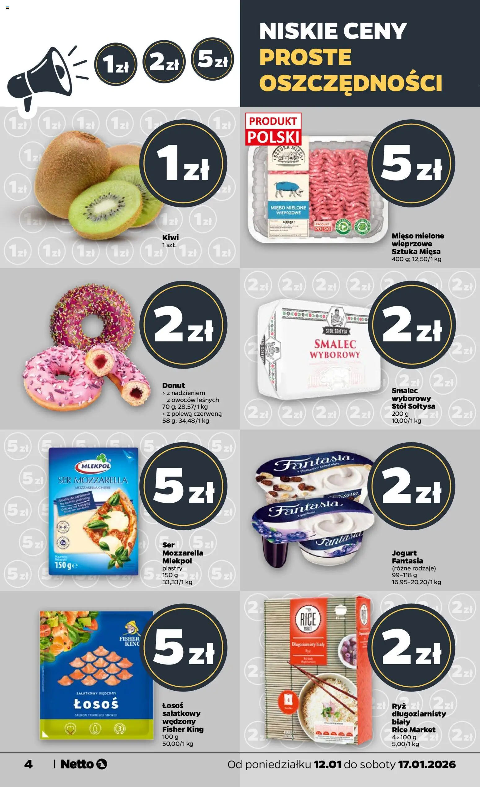 Netto gazetka - Spożywcza od 12.01.2026 | Strona: 4 | Produkty: Mięso, Mięso mielone, Donut, Mozzarella