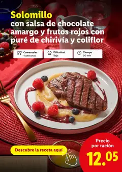 Vista previa Solomillo con salsa de chocolate amargo y frutos rojos con puré de chirivía y coliflor, Dish of beef tenderloin with chocolate sauce and red fruits with parsnip and cauliflower puree válido desde el 20.11.2025 | Página: 8