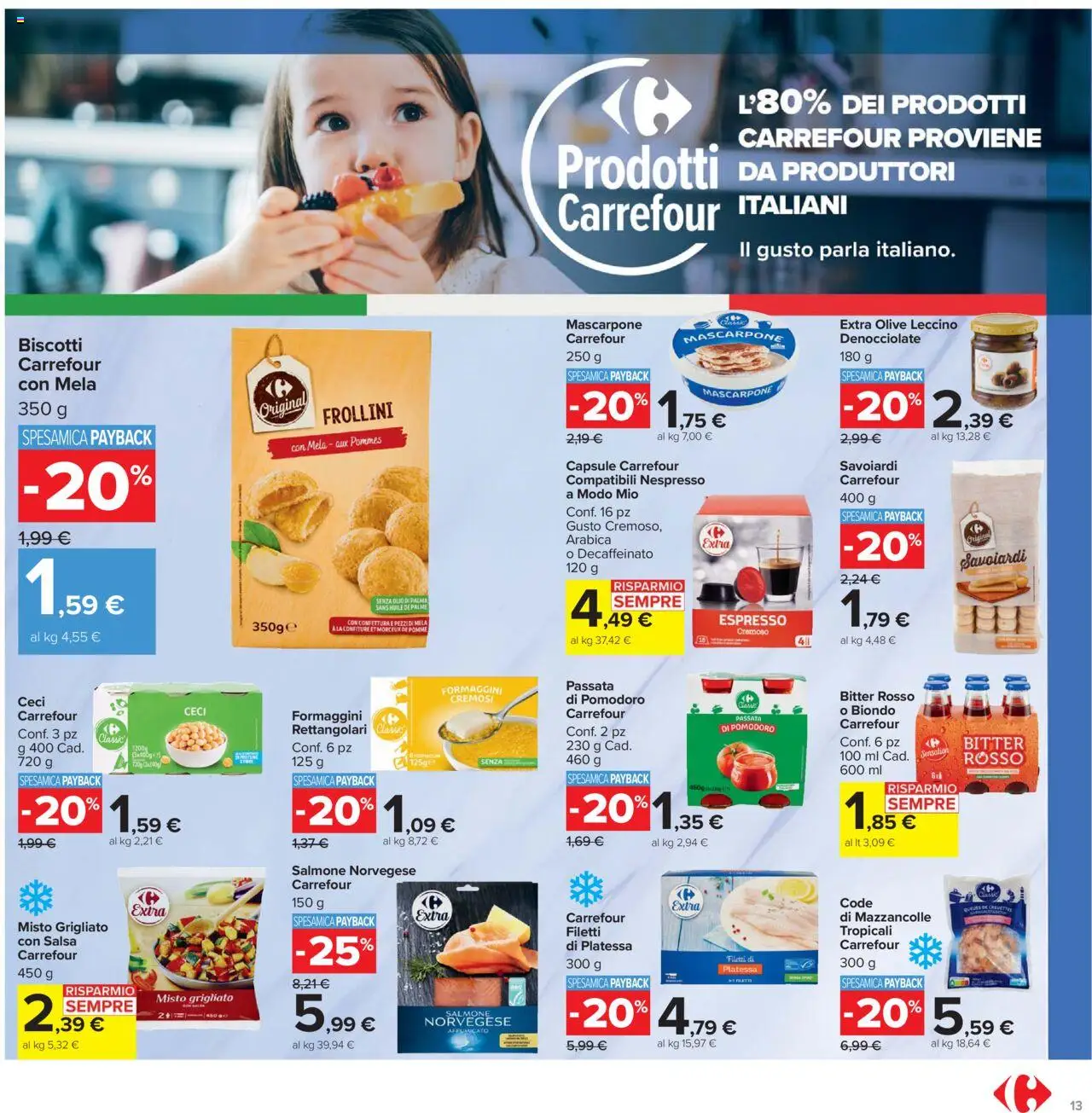 Volantino Carrefour del 20.10.2025 | Pagina: 13 | Prodotti: Salmone, Biscotti, Olive, Savoiardi