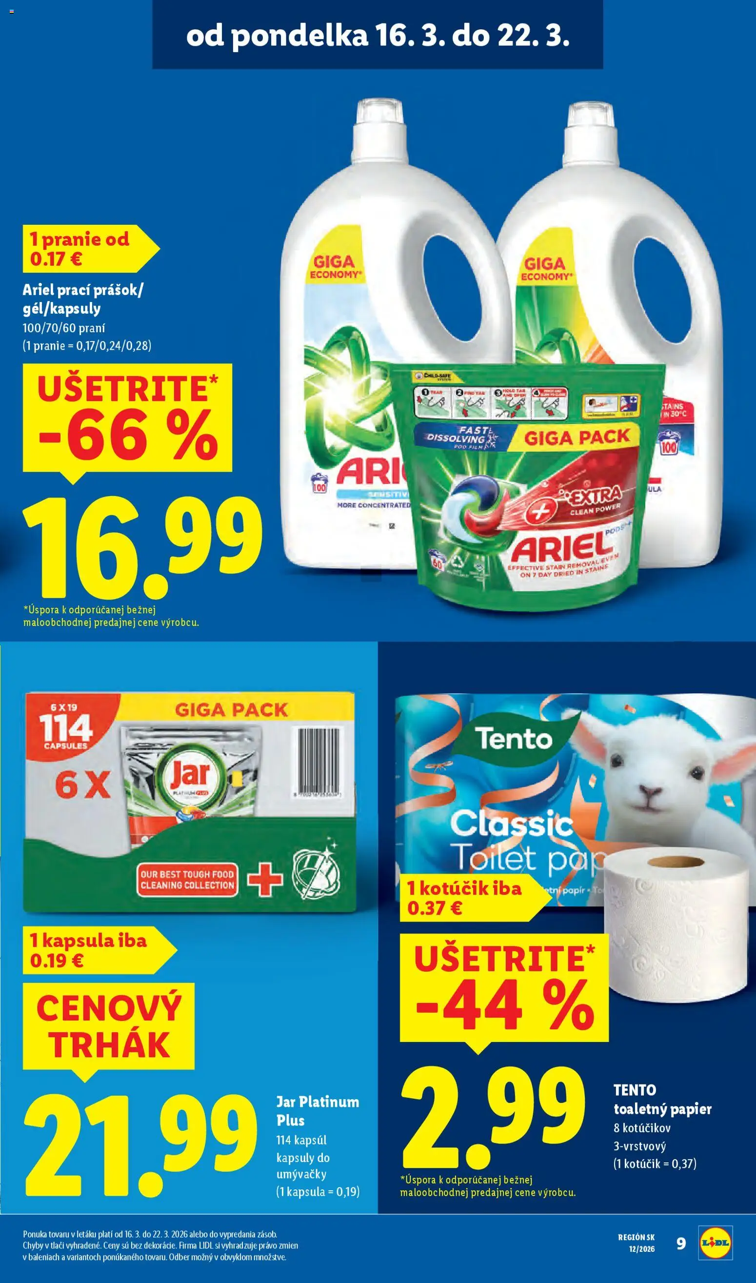 Nové Lidl akcie – leták je platný od 16.03.2026 | Strana: 21 | Produkty: Toaletný papier, Ariel, Jar
