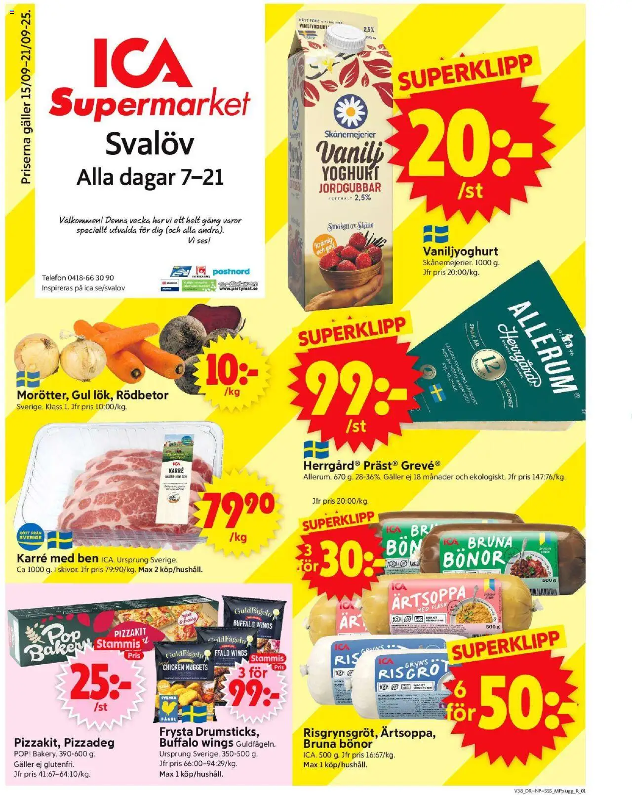 ICA Supermarket reklamblad aktuell från 15.09.2025 | Sida: 1 | Produkter: Galler, Pizzakit, Jordgubbar, Telefon