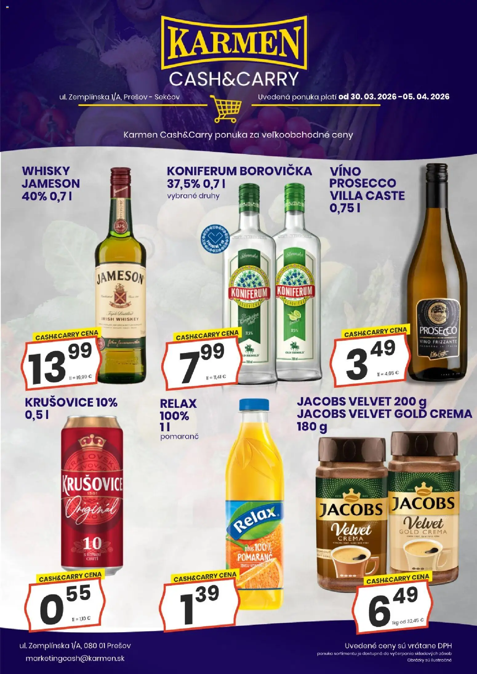 Nové KARMEN CBA akcie – leták je platný od 30.03.2026 | Strana: 1 | Produkty: Jameson, Džús, Prosecco, Whisky