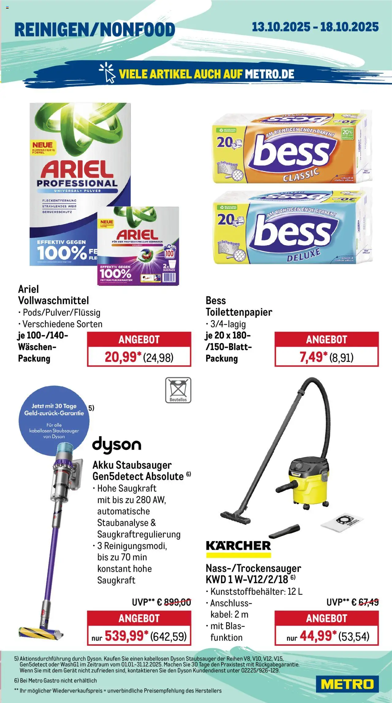 Metro Wochen-Angebote Gastro – gültig ab 13.10.2025 | Seite: 17 | Produkte: Dyson, Staubsauger, Ariel, Toilettenpapier