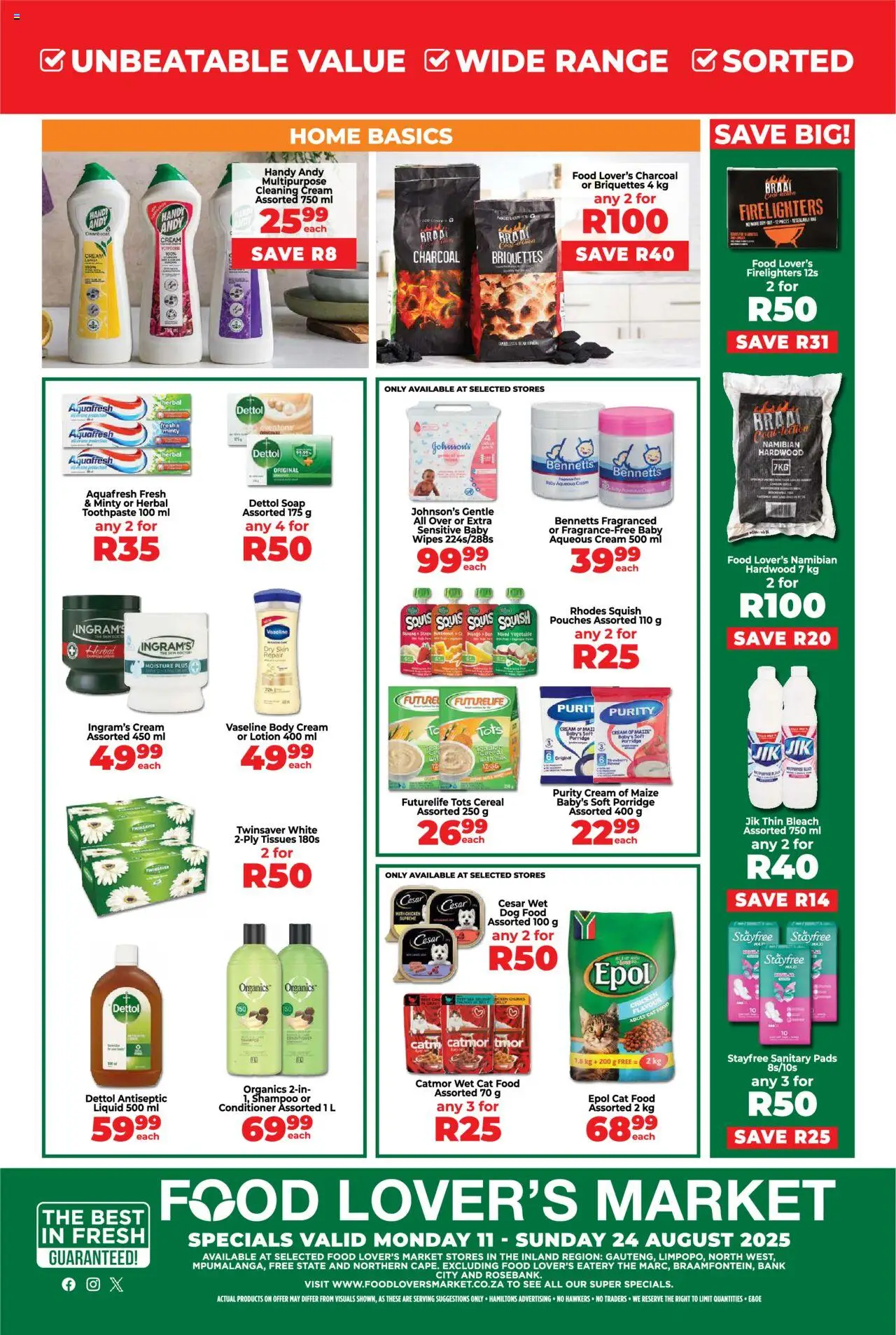 Food Lover's Market Inland Provinces - Specials │ valid from 11.08.2025 | Page: 8 | Products: Bleach, Milk, Shampoo, Cream