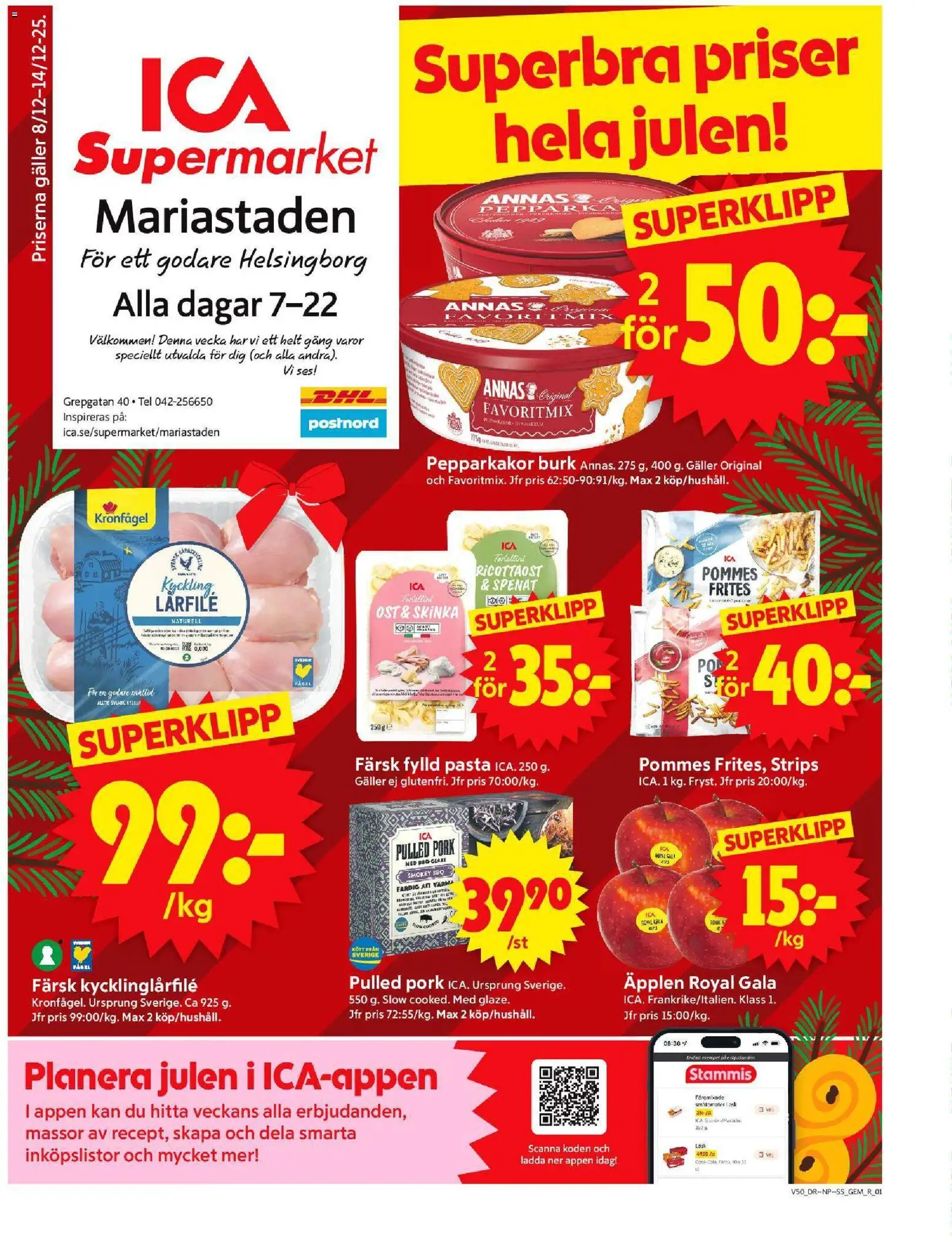 ICA Supermarket reklamblad aktuell från 08.12.2025 | Sida: 1 | Produkter: Spenat, Fanta, Ost, Äpplen