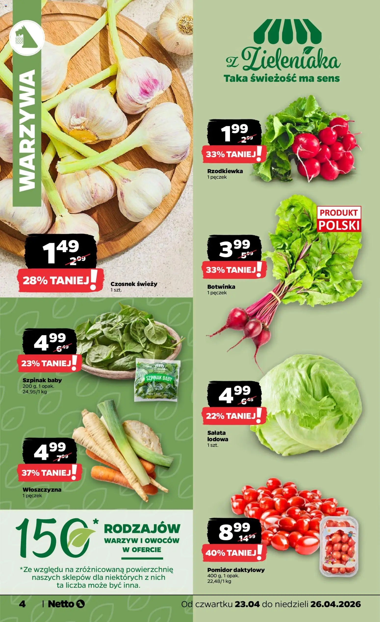 Netto gazetka od czwartku spożywcza od 23.04.2026 | Strona: 4 | Produkty: Czosnek, Szpinak, Botwinka, Warzywa