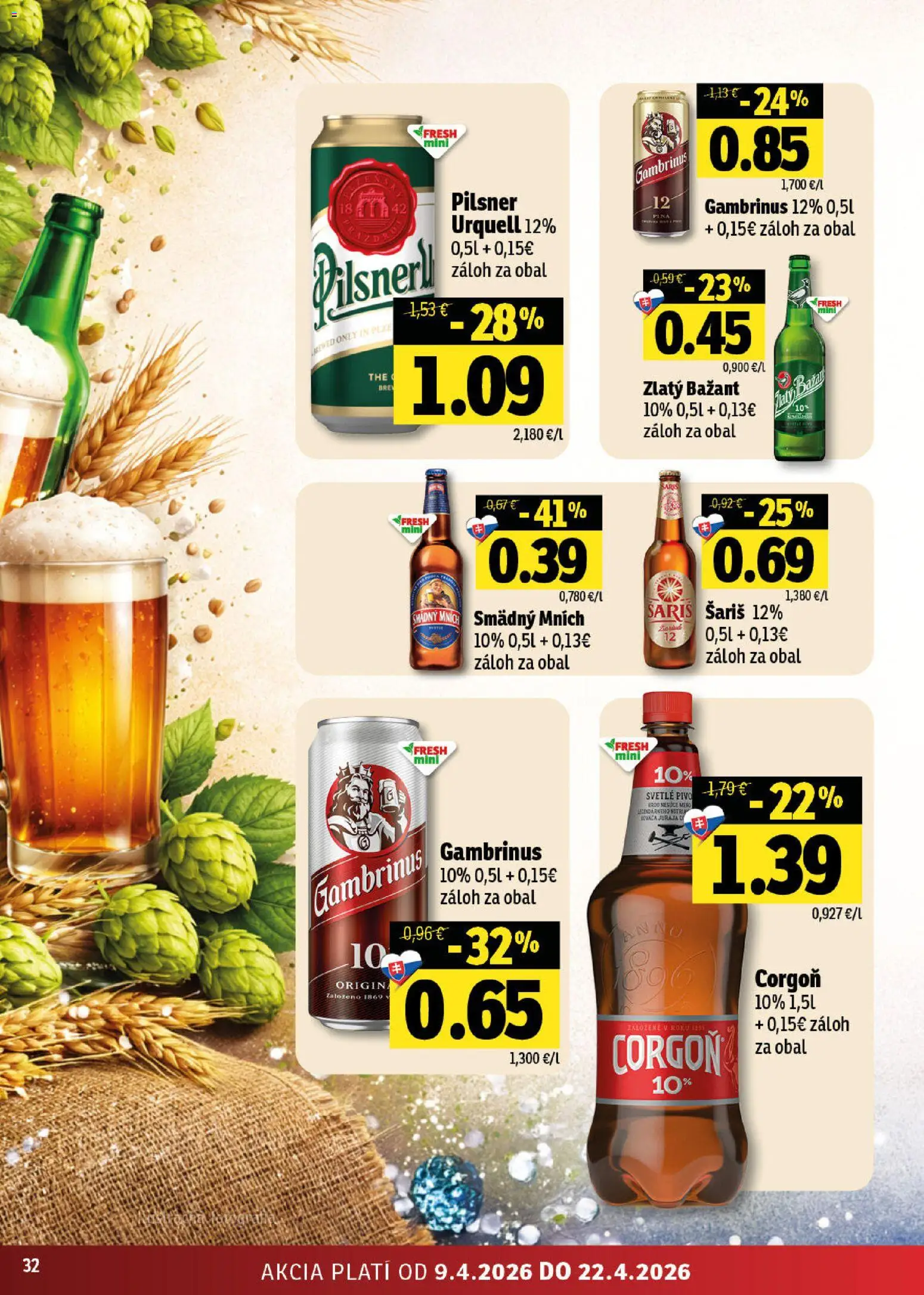 Nové Fresh akcie – leták je platný od 09.04.2026 | Strana: 32 | Produkty: Pivo, Šariš, Corgoň, Gambrinus