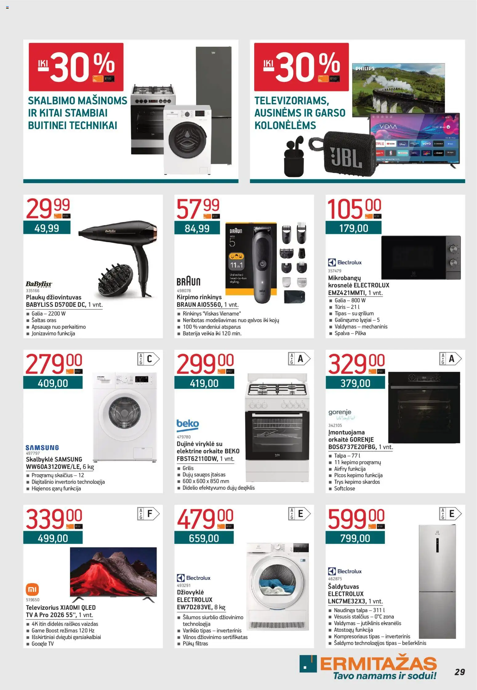 ERMITAŽAS akcijos nuo 02.03.2026 | Puslapis: 29 | Prekių: Televizorius, Šaldytuvas, Orkaitė, Viryklė