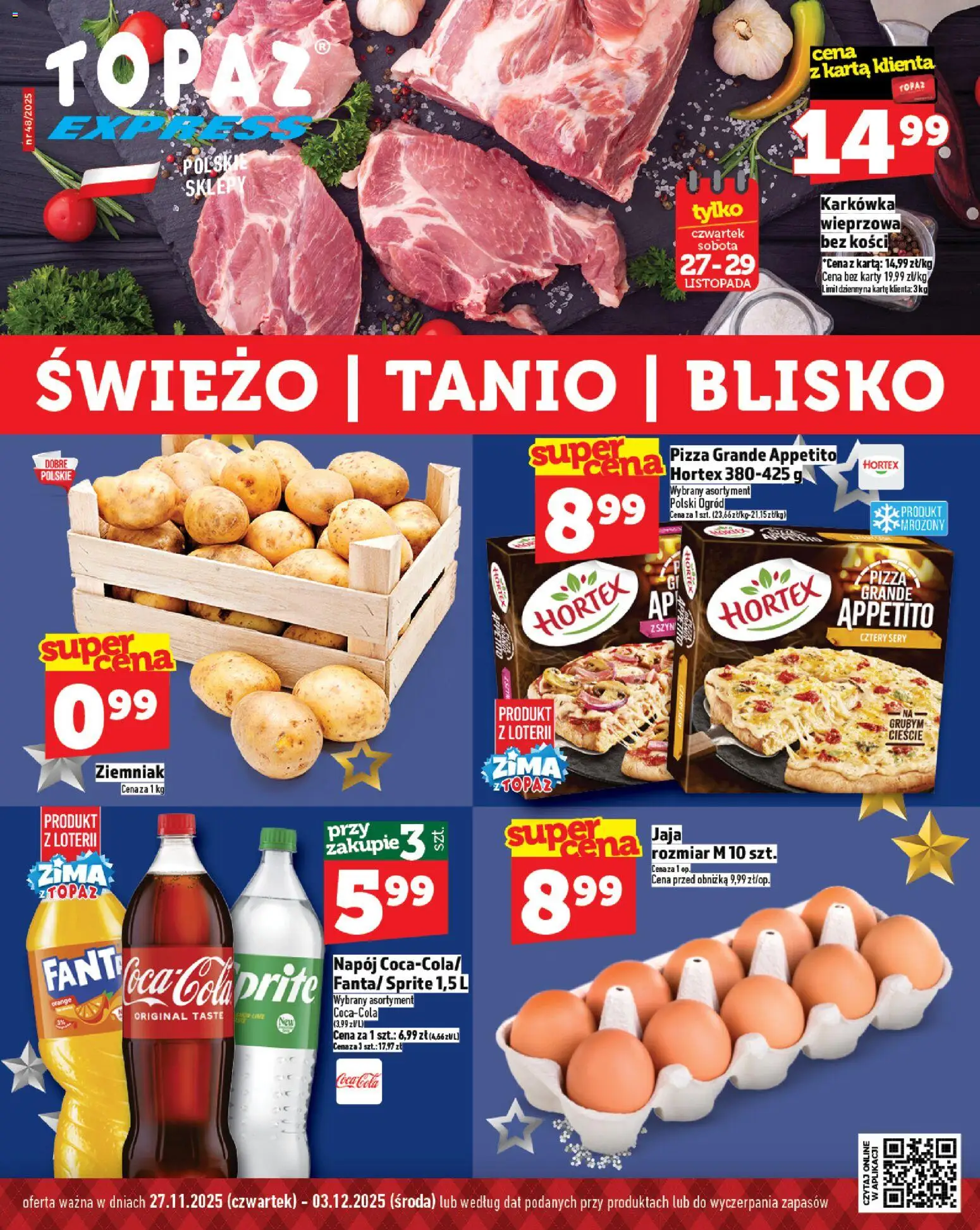 Topaz Gazetka - Express od 27.11.2025 | Strona: 1 | Produkty: Karta, Sprite, Coca cola, Jaja