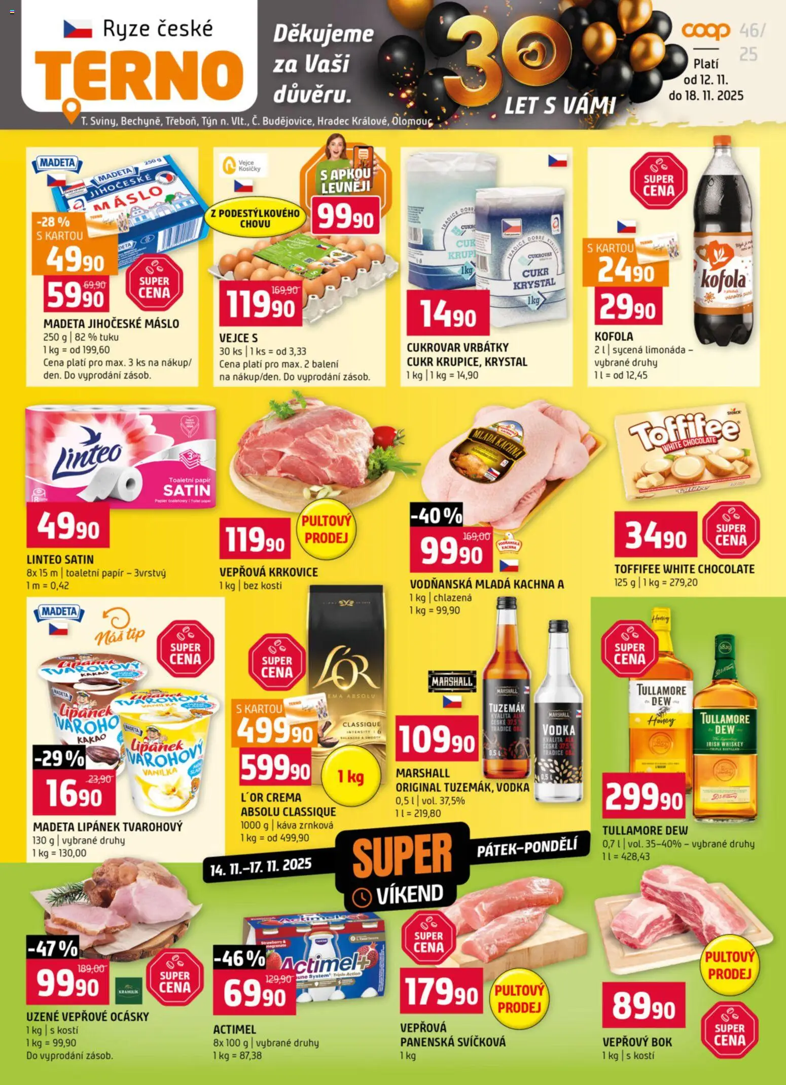 Terno leták - Bechyně, České Budějovice, Hradec Králové, Olomouc, Třeboň, Trhové Sviny, Týn nad Vltavou od 12.11.2025 | Strana: 1 | Produkty: Toaletní papír, Kachna, Kakao, Toaletní papír 3vrstvý