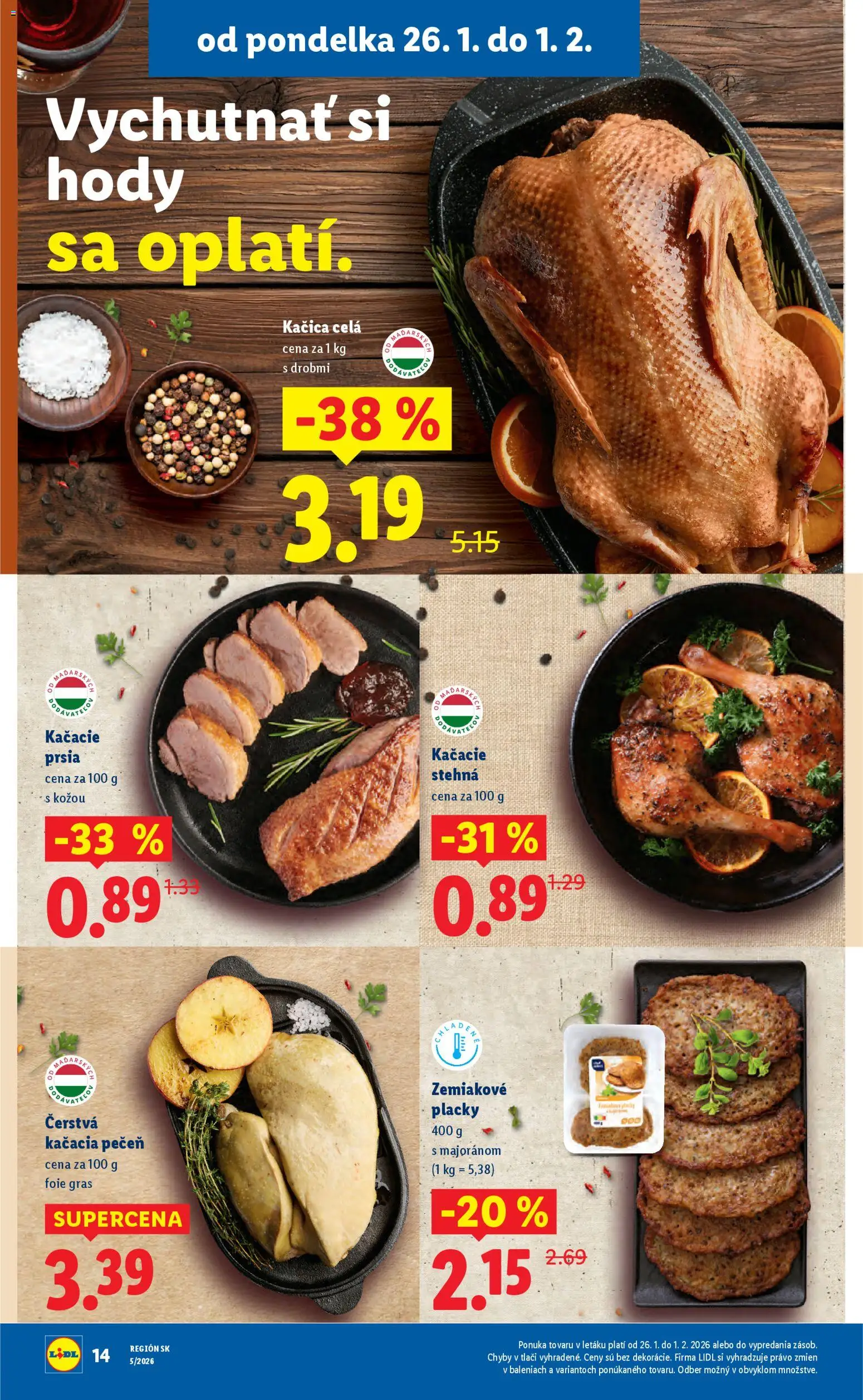 Nové Lidl akcie – leták je platný od 26.01.2026 | Strana: 14 | Produkty: Kačacie prsia, Kačacie stehná, Kačica