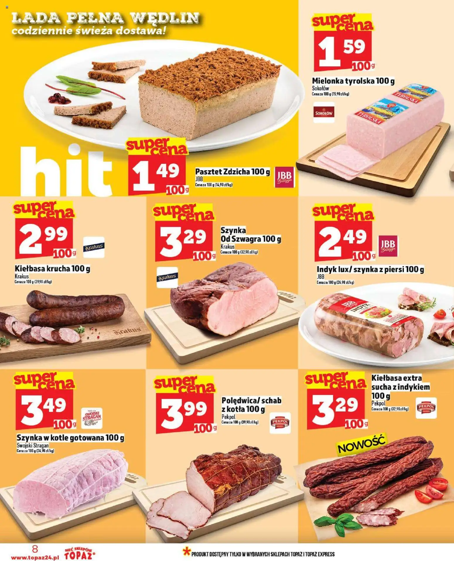 Topaz Gazetka od 13.11.2025 | Strona: 8 | Produkty: Kiełbasa, Schab, Piersi, Mielonka tyrolska