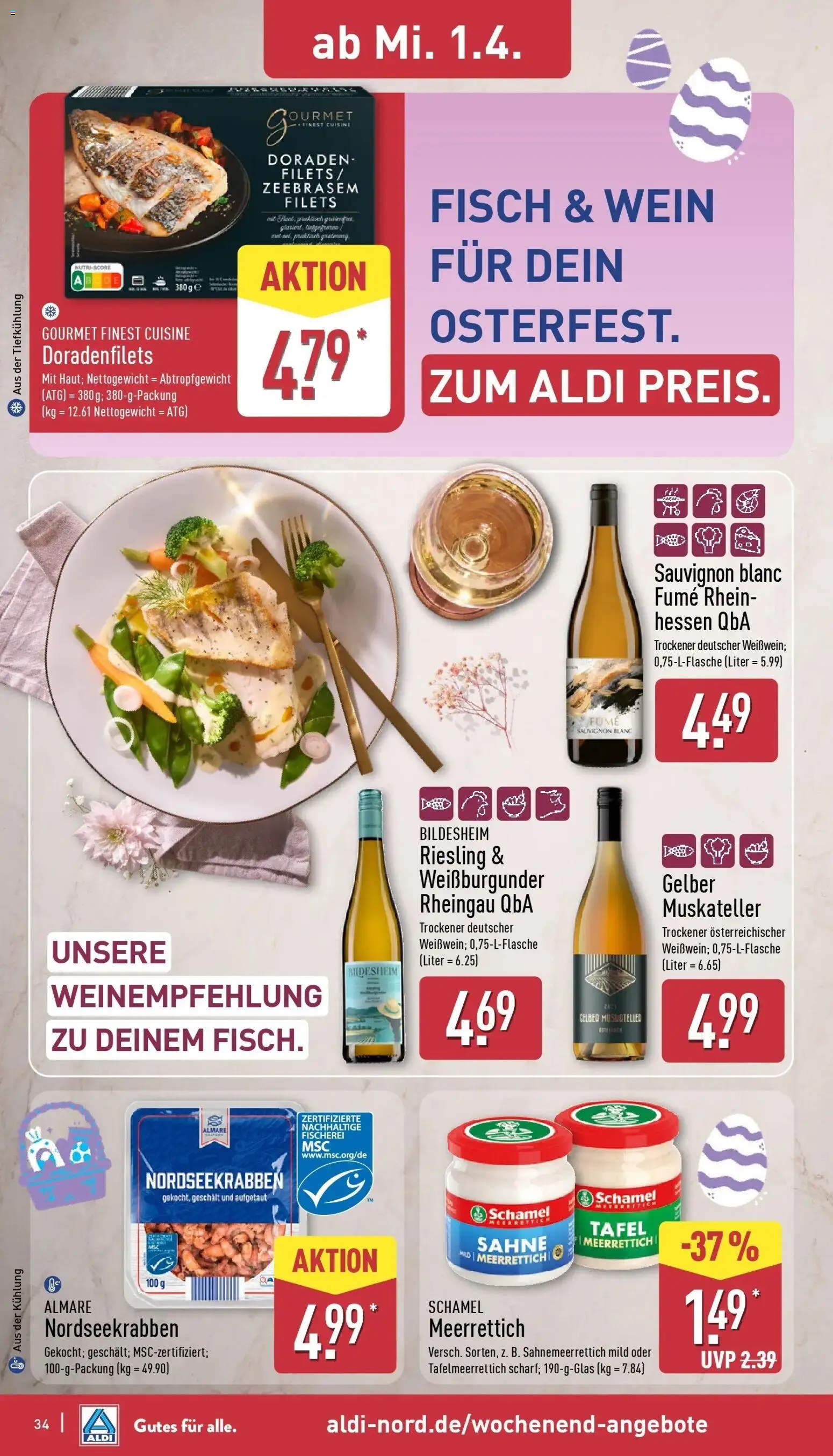 Aldi Wochenangebote – gültig ab 30.03.2026 | Seite: 35 | Produkte: Fisch, Wein, Sahne