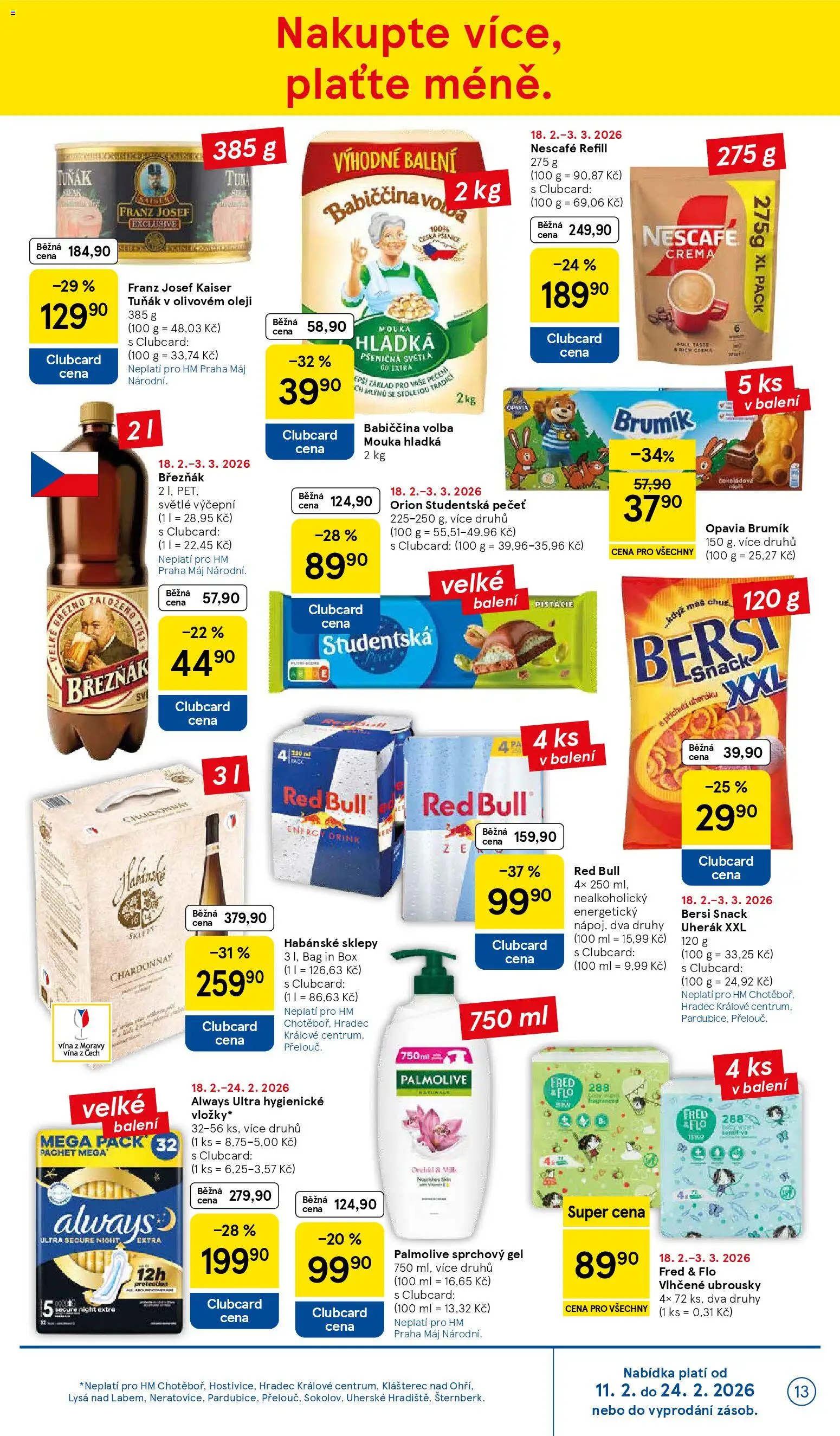 Tesco leták - Hypermarket od 18.02.2026 | Strana: 13 | Produkty: Habánské sklepy, Ubrousky, Studentská pečeť, Red Bull