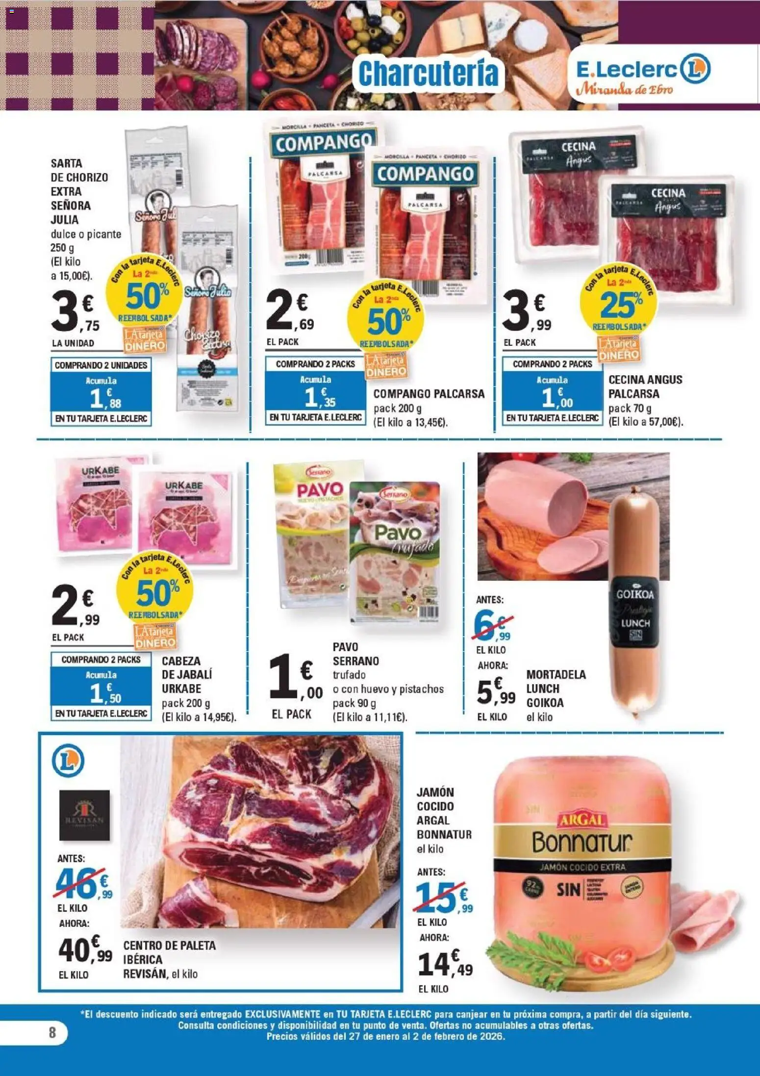 E.Leclerc folleto │ válido desde el 27.01.2026 | Página: 8 | Productos: Ηλεκτρικός φούρνος, Jamón, Jamón cocido, Mortadela