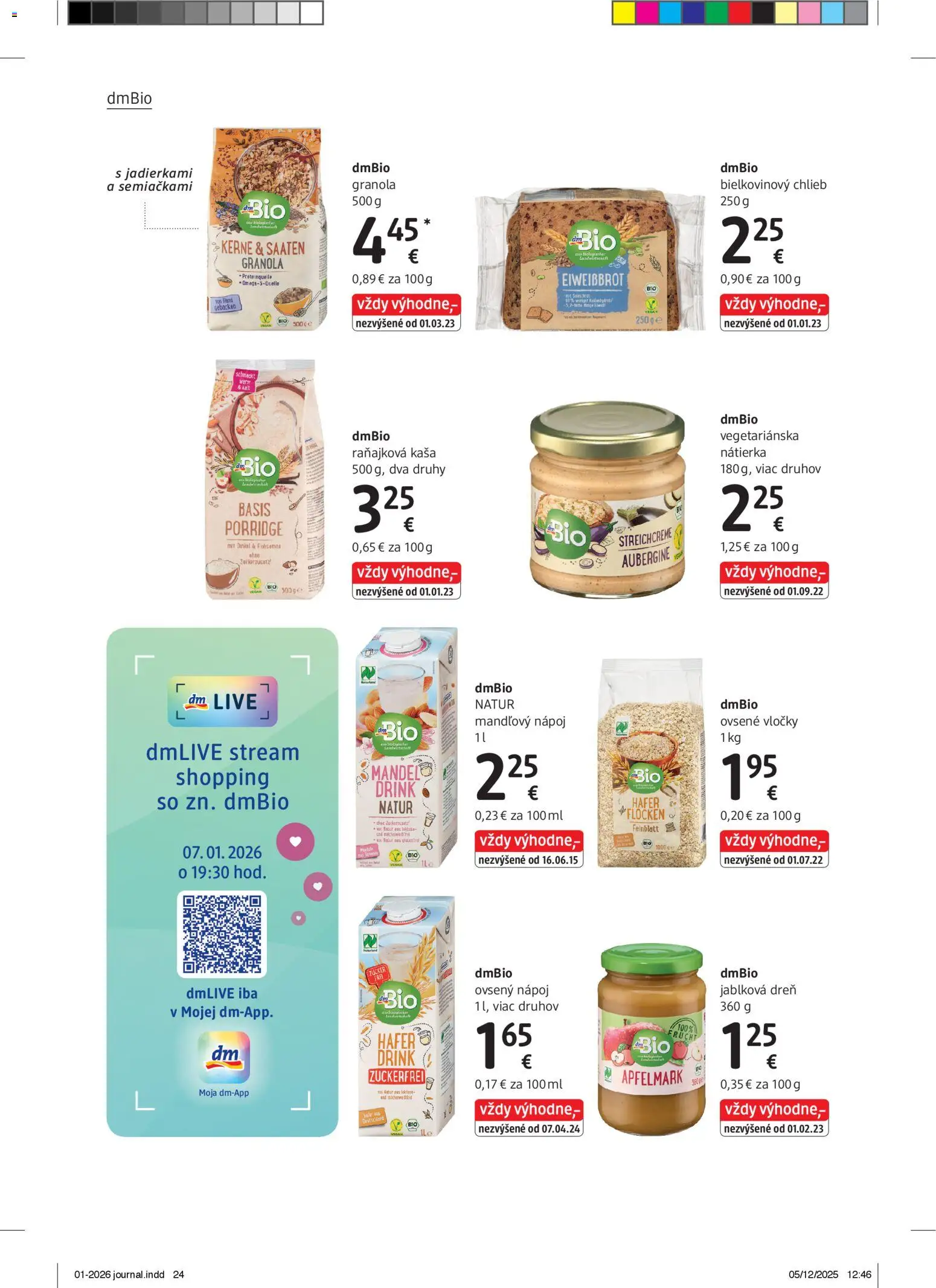 Nové dm drogerie akcie – leták je platný od 01.01.2026 | Strana: 24 | Produkty: Chlieb, Apple, Vločky