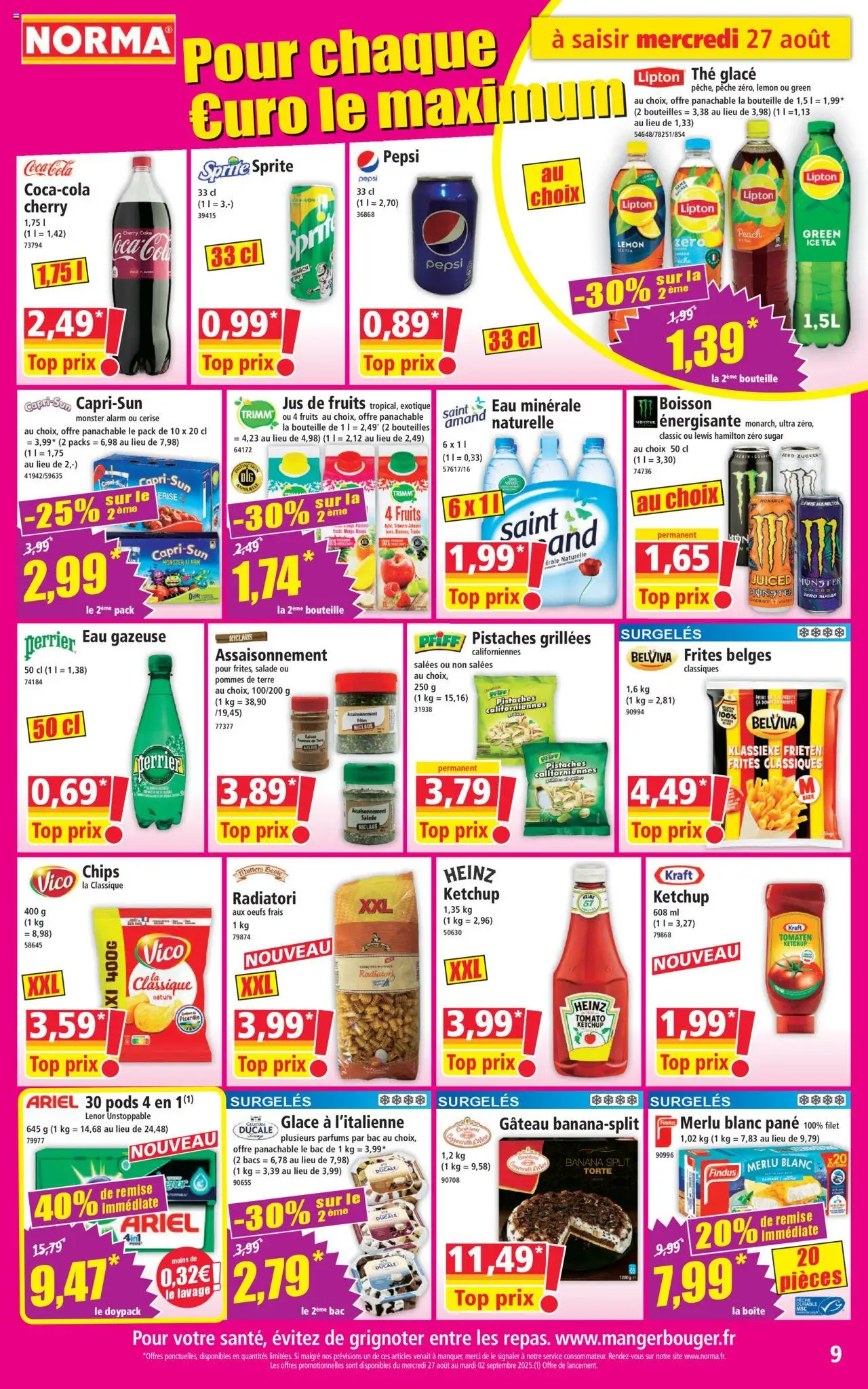  | Page: 9 | Produits: Salade, Lenor, Eau gazeuse, Thé glacé