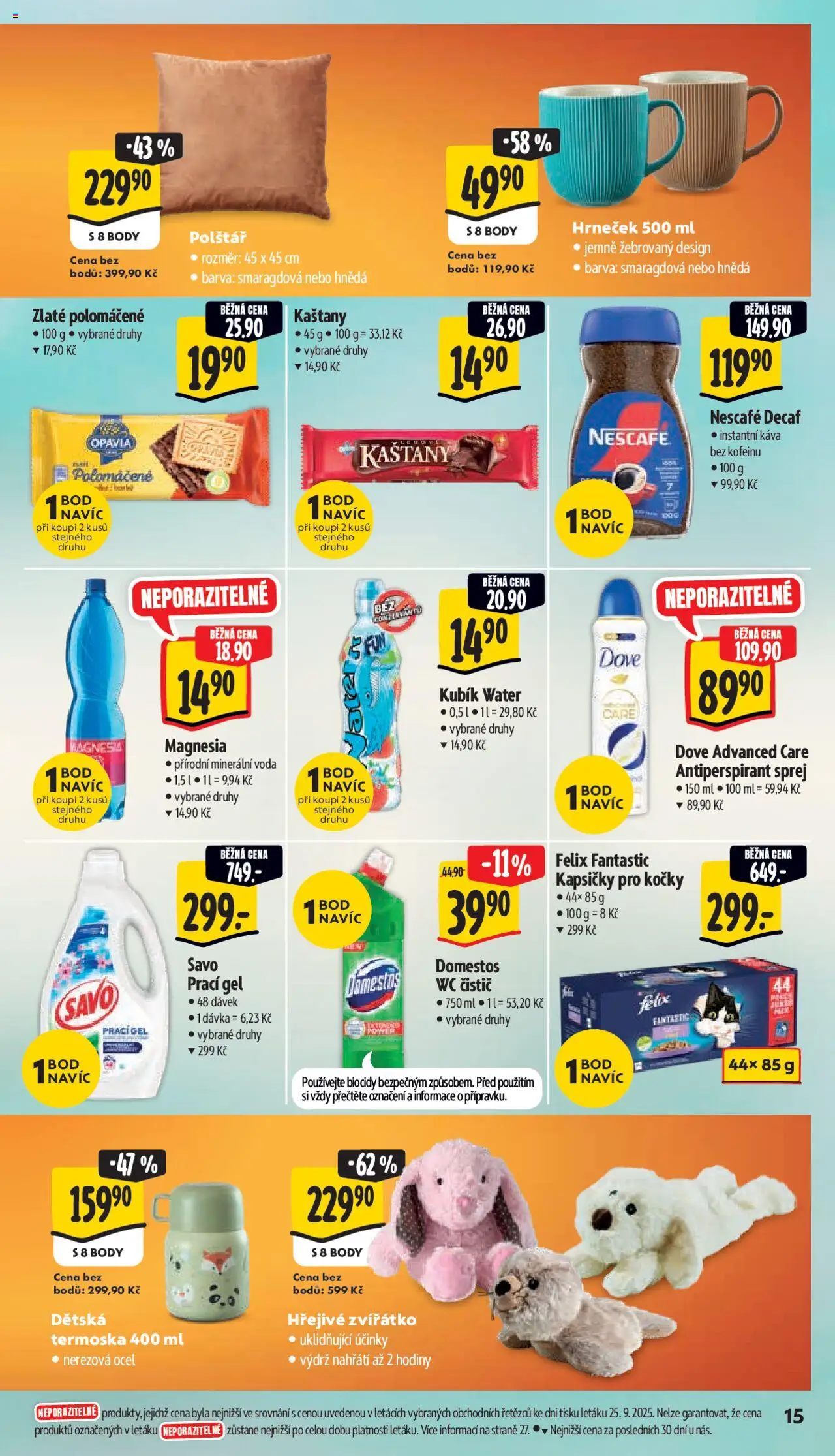 Albert leták - Supermarket od 01.10.2025 | Strana: 23 | Produkty: Voda, Kapsičky pro kočky, Domestos, Dove