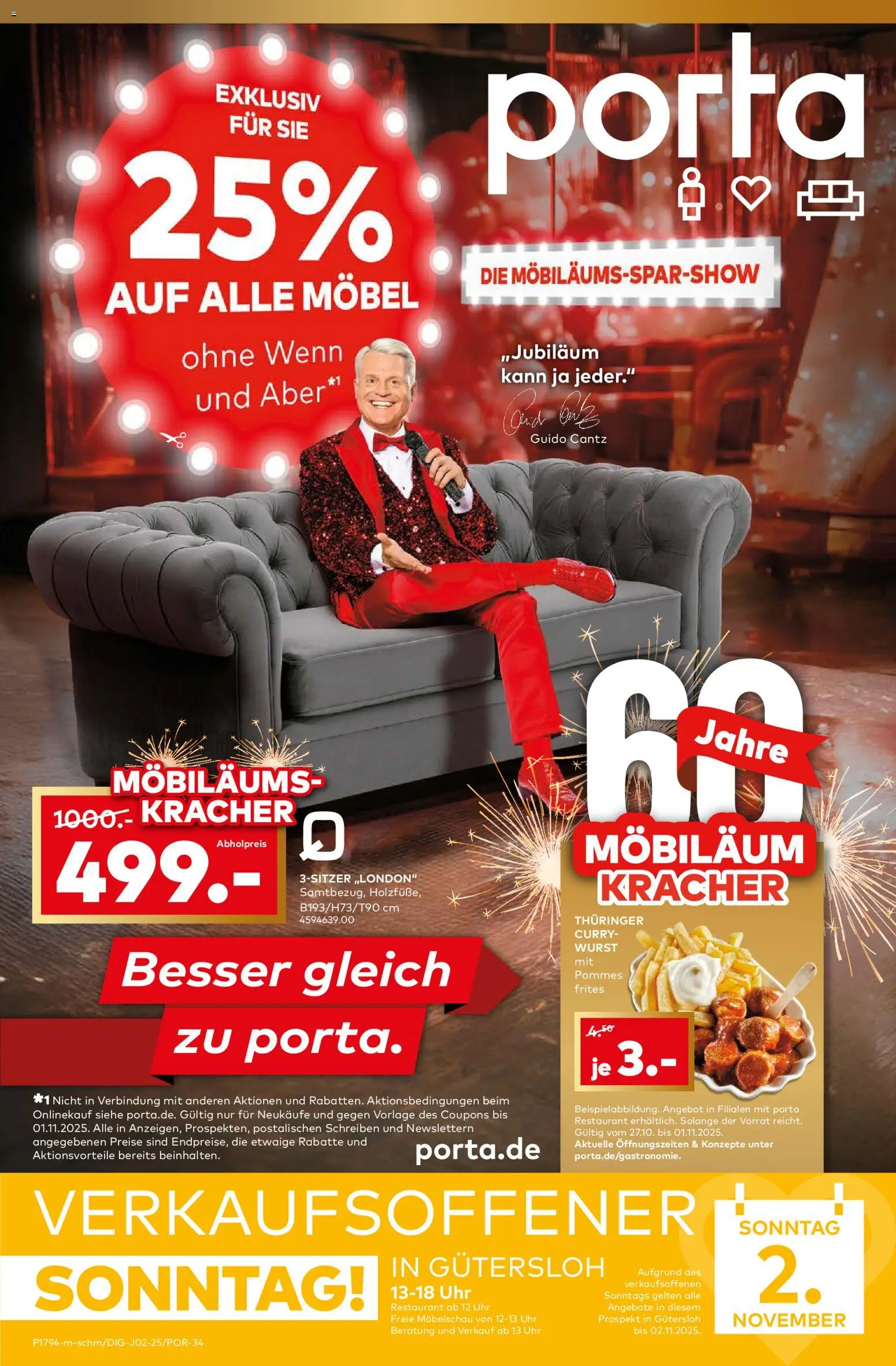 Porta! Möbiläums-Spar-Show mit Guido Cantz und 25% auf ALLE Möbel - Guetersloh – gültig ab 27.10.2025 | Seite: 1 | Produkte: Pommes, Pommes frites, Wurst, Uhr