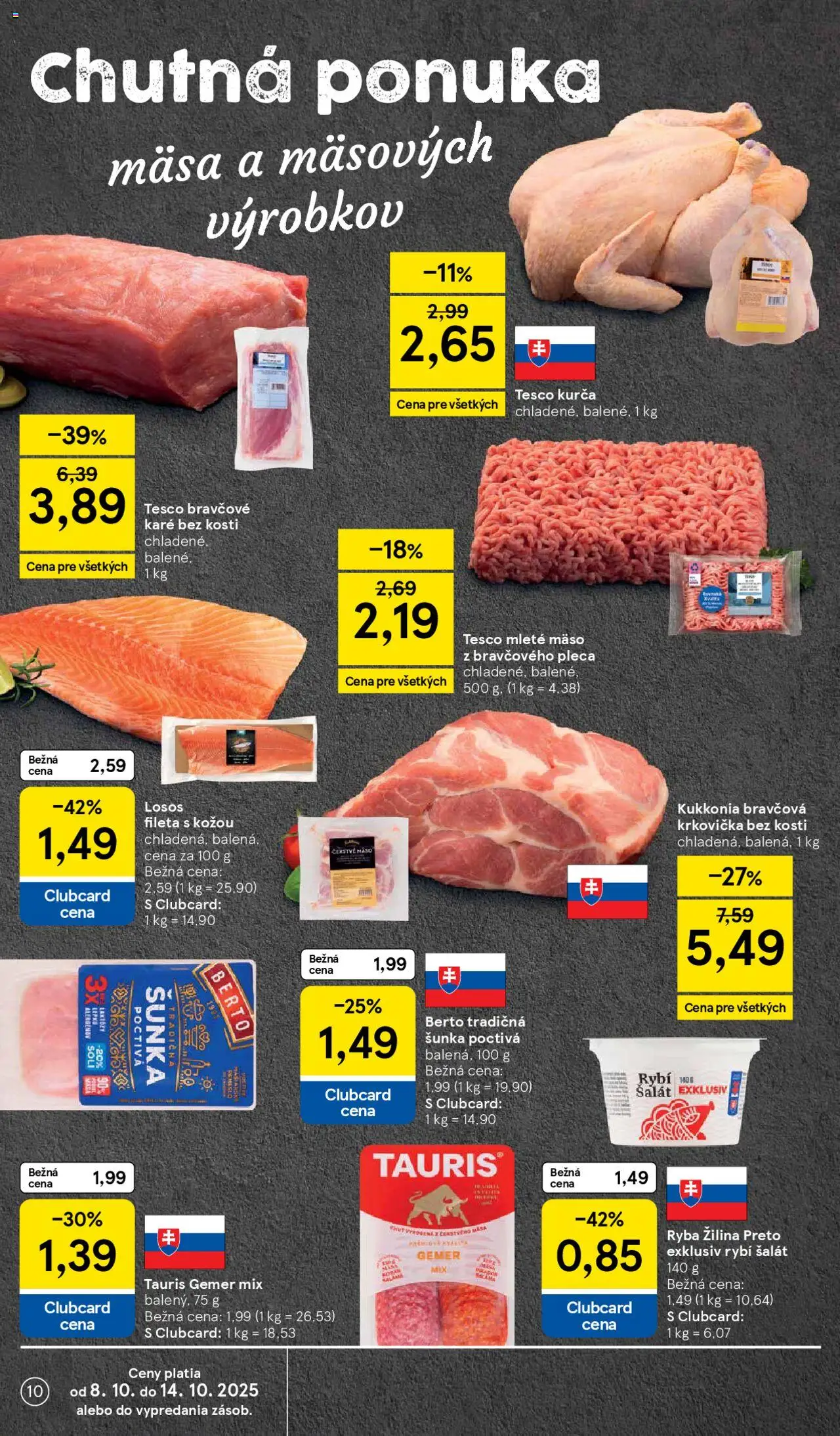 Nové Tesco akcie – leták je platný od 08.10.2025 | Strana: 10 | Produkty: Bravčová krkovička, Ryba, Mleté mäso, Bravčové karé