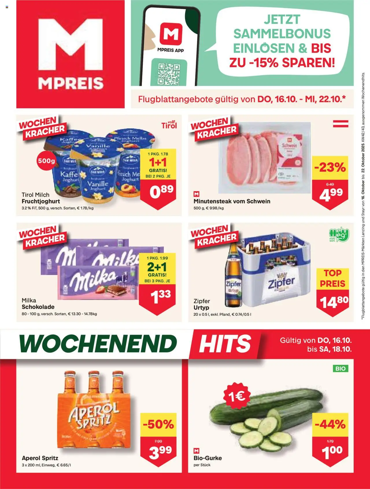 MPREIS Oberösterreich gültig ab 16.10.2025 | Seite: 1 | Produkte: Pfirsich, Milch, Joghurt, Schokolade