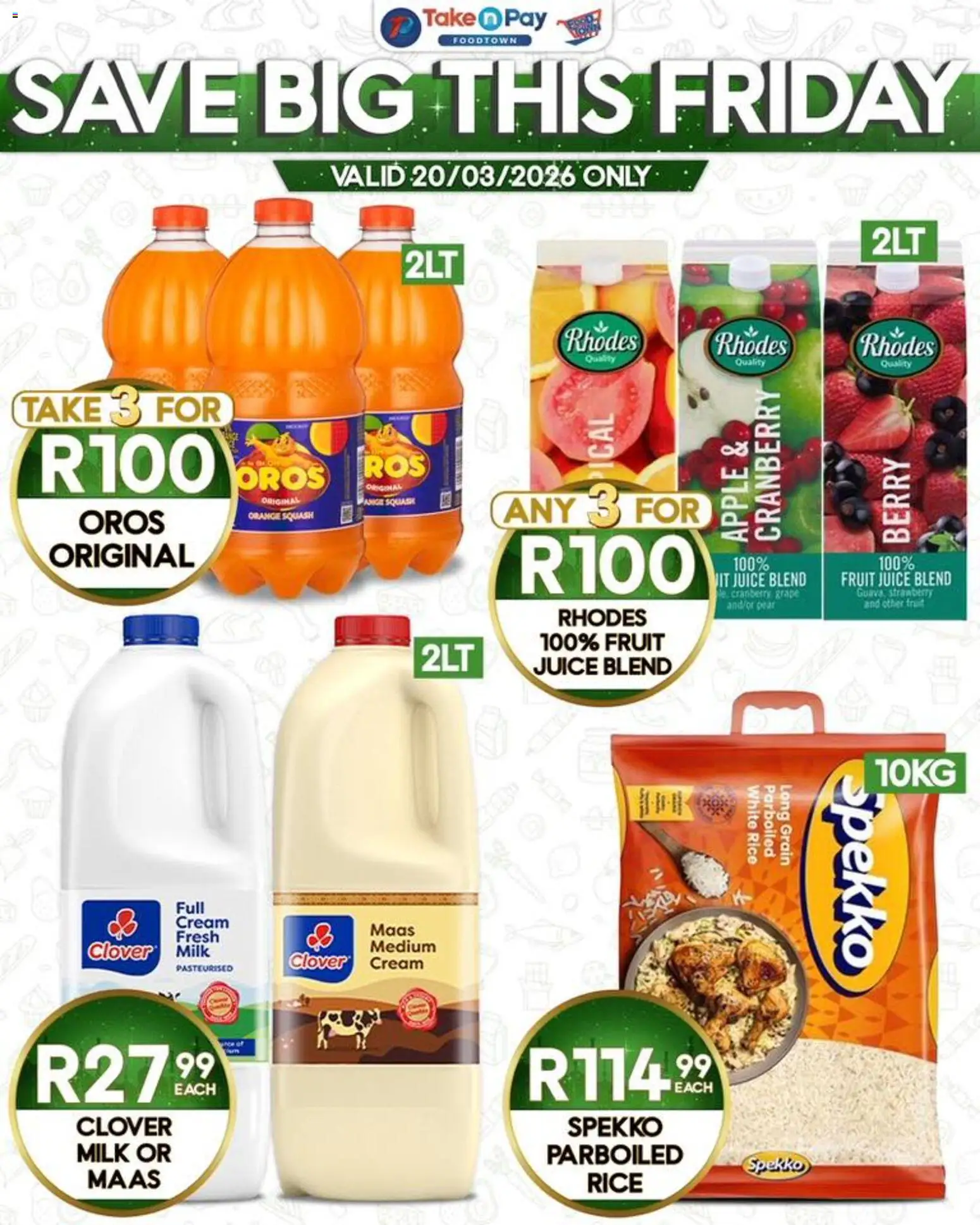 New Take n Pay catalogue – valid from 20.03.2026 | Page: 4 | Products: Milk, Juice, Rice, Cream