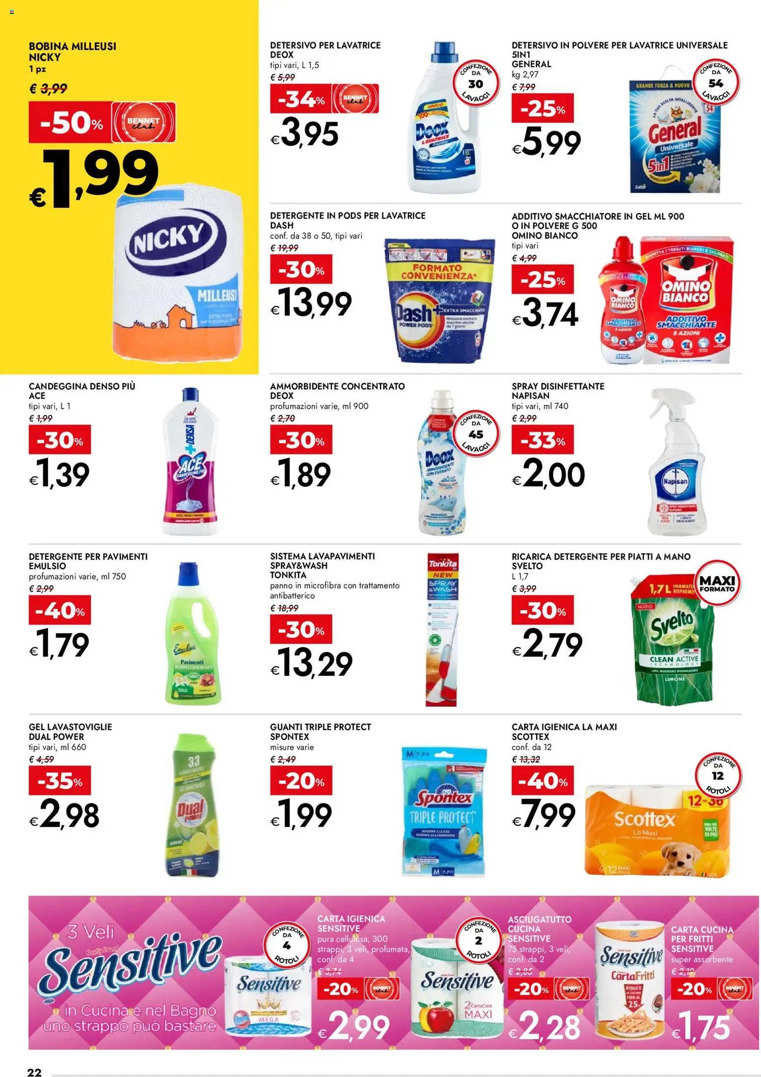 Volantino bennet del 15.01.2026 | Pagina: 22 | Prodotti: Carta igienica, Detersivo in polvere, Smacchiatore, Detergente