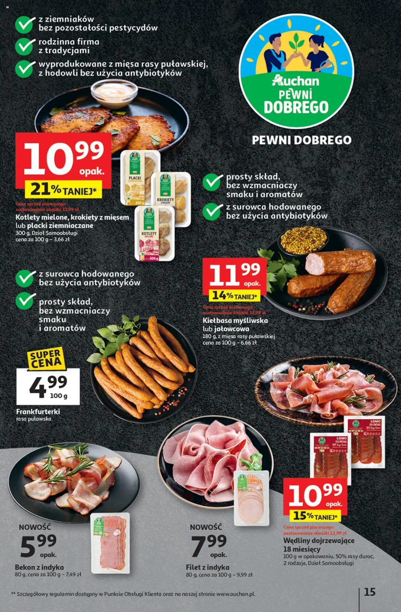 Auchan Gazetka - Pewność niskich cen Hipermarket od 11.09.2025 | Strona: 15 | Produkty: Kiełbasa, Frankfurterki, Myśliwska, Placki ziemniaczane