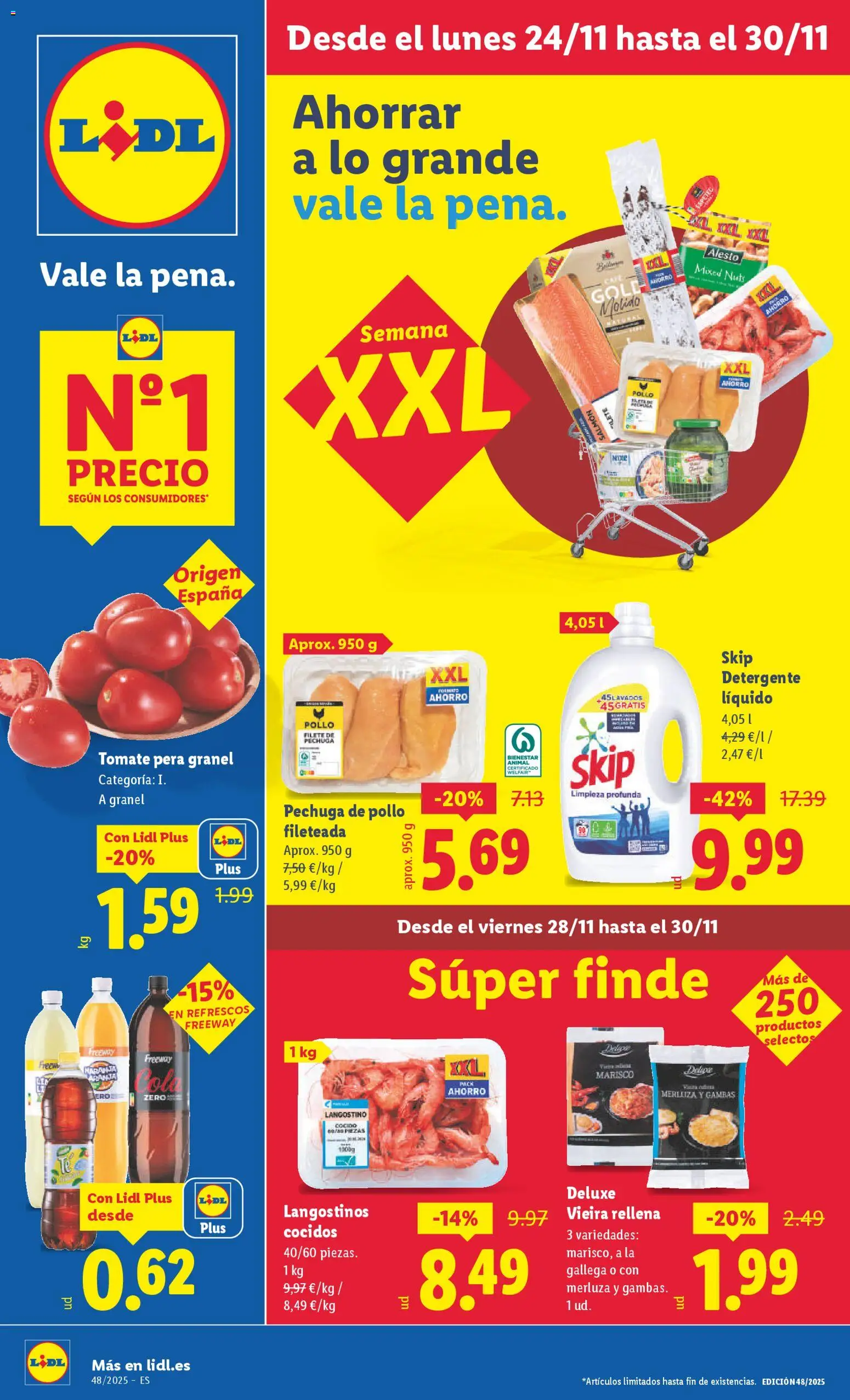 Lidl folleto │ válido desde el 24.11.2025 | Página: 1 | Productos: Pechuga de pollo fileteada, Café, Detergente líquido, Langostino